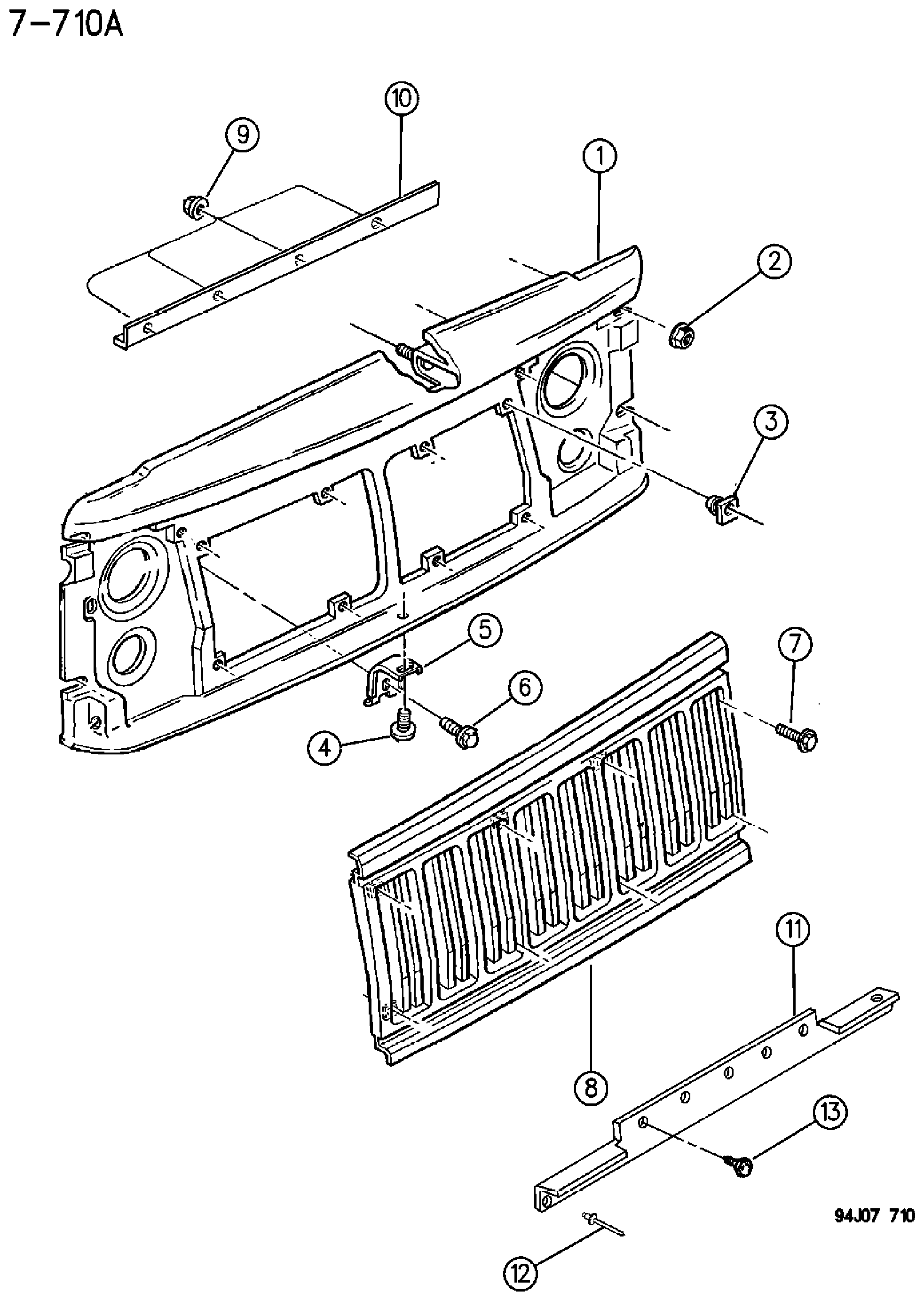 Exploded view: GRILLE AND RELATED PARTS XJ BODY