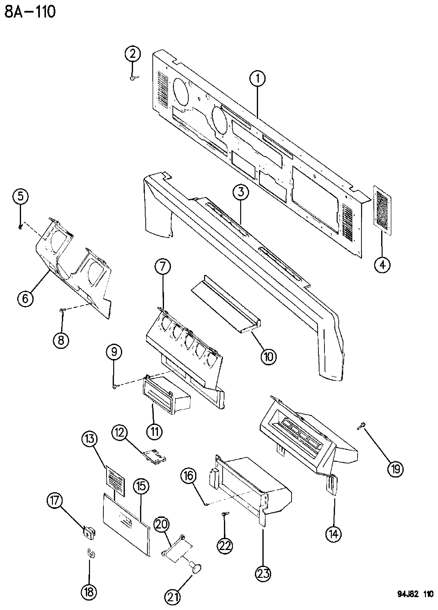 Exploded view: INSTRUMENT PANEL PAD AND BEZELS WRANGLER YJ