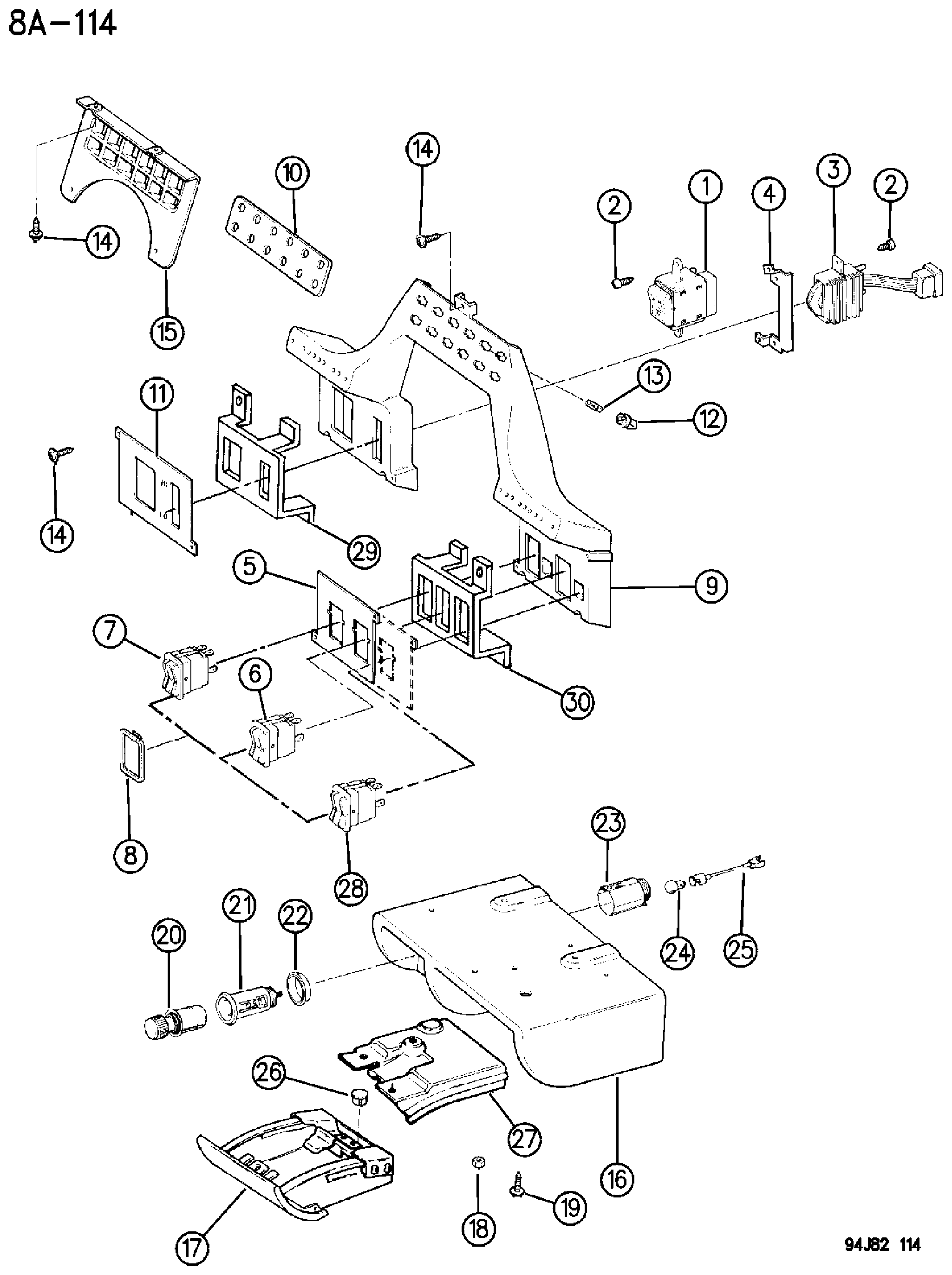 Exploded view: INSTRUMENT PANEL ASH RECEIVER AND SWITCHES WRANGLER YJ