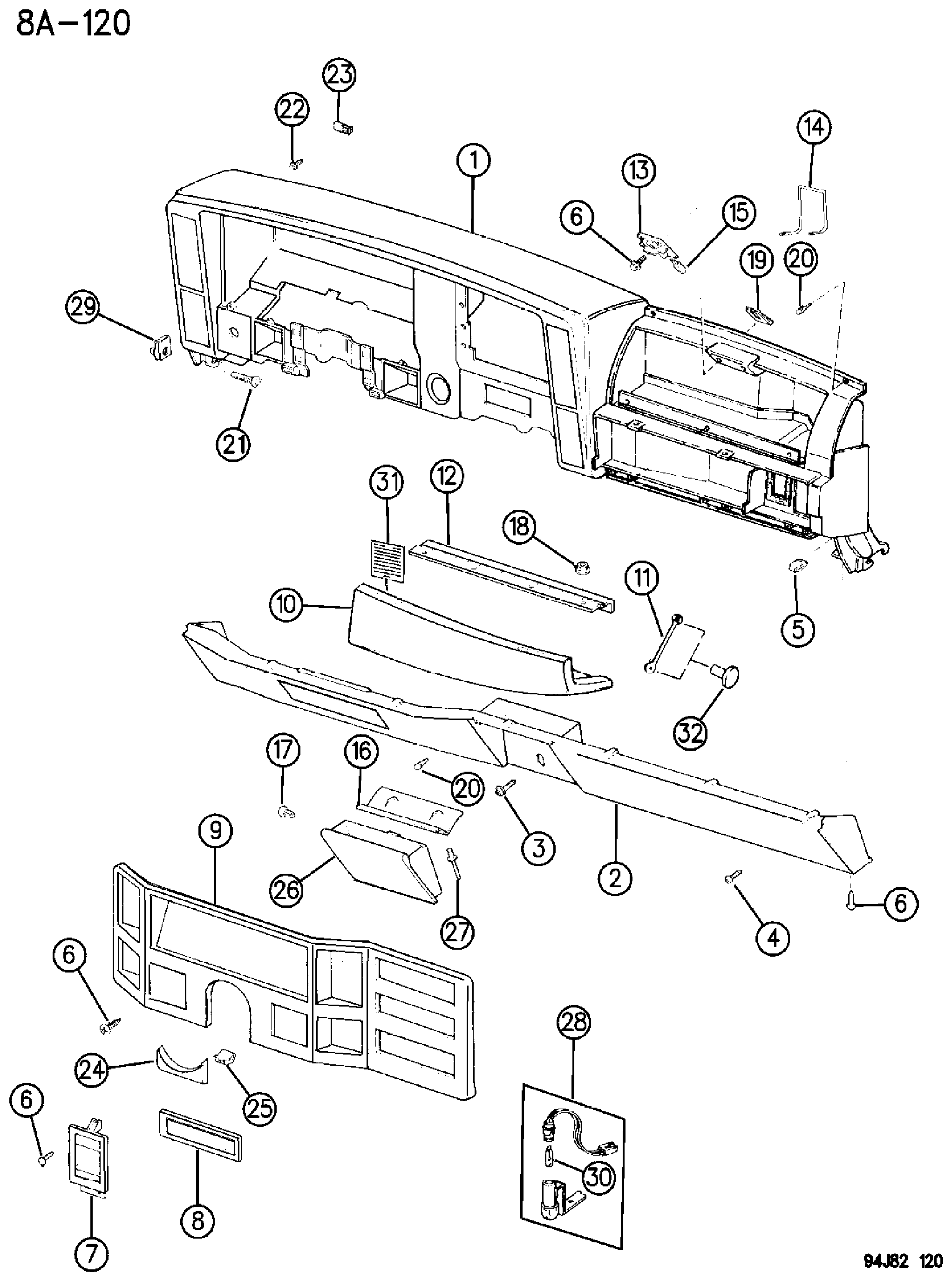 Exploded view: INSTRUMENT PANEL PAD AND BEZELS CHEROKEE (EXC.R.H.D.)
