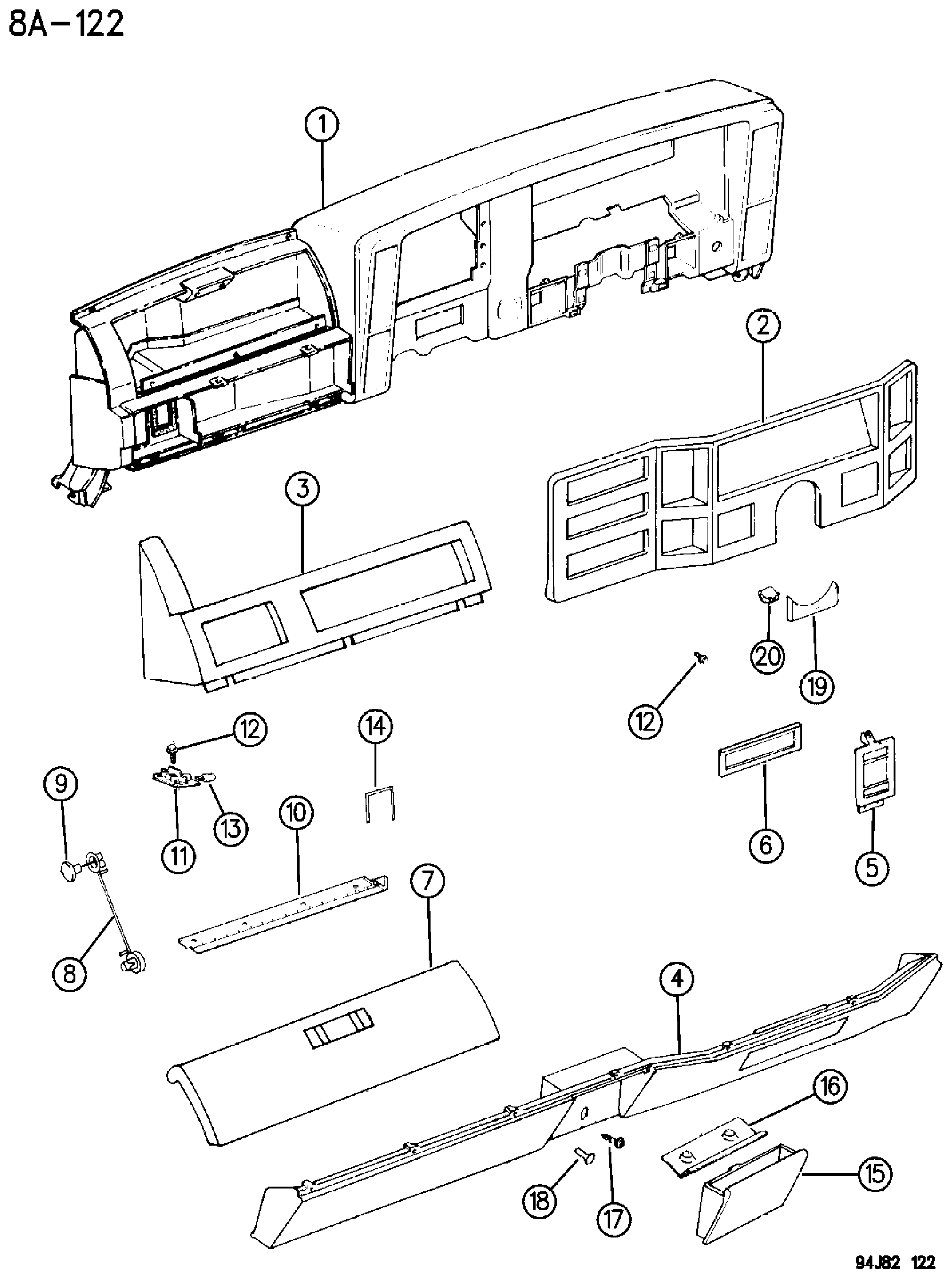 Exploded view: INSTRUMENT PANEL PAD AND BEZELS CHEROKEE RHD
