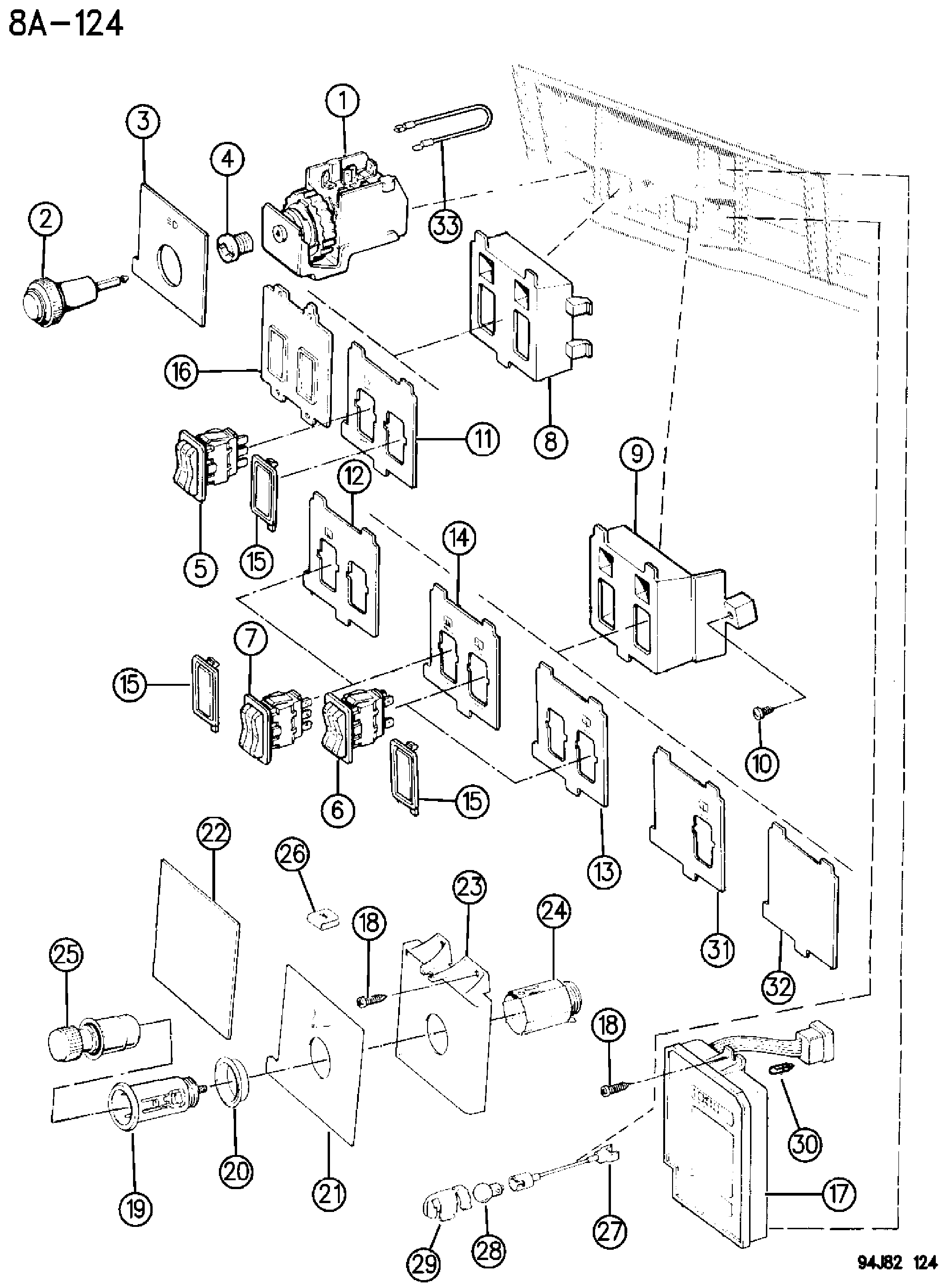 Exploded view: INSTRUMENT PANEL SWITCHES AND CIGAR LIGHTER CHEROKEE