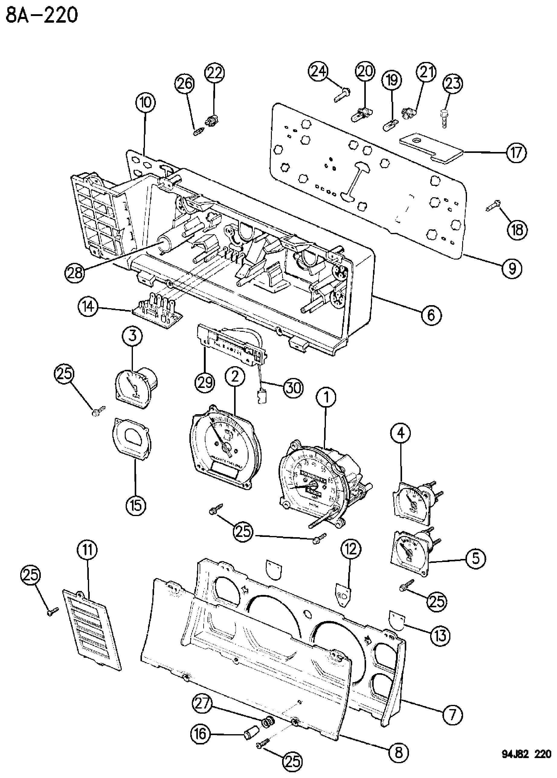 Exploded view: INSTRUMENT CLUSTER W/O TACHOMETER, W/GAUGES CHEROKEE