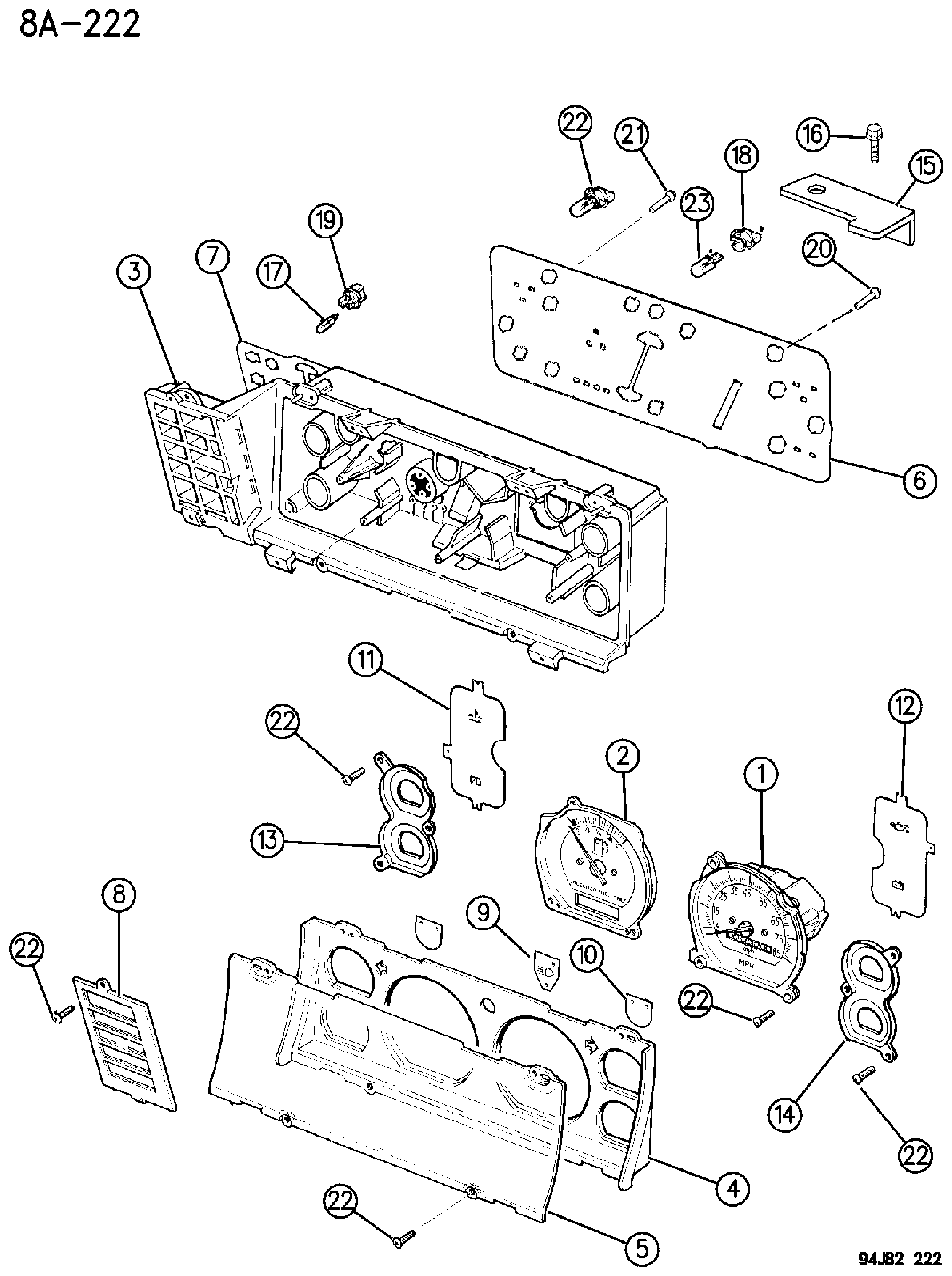 Exploded view: INSTRUMENT CLUSTER W/O TACHOMETER, W/WARNING LAMPS CHEROKEE