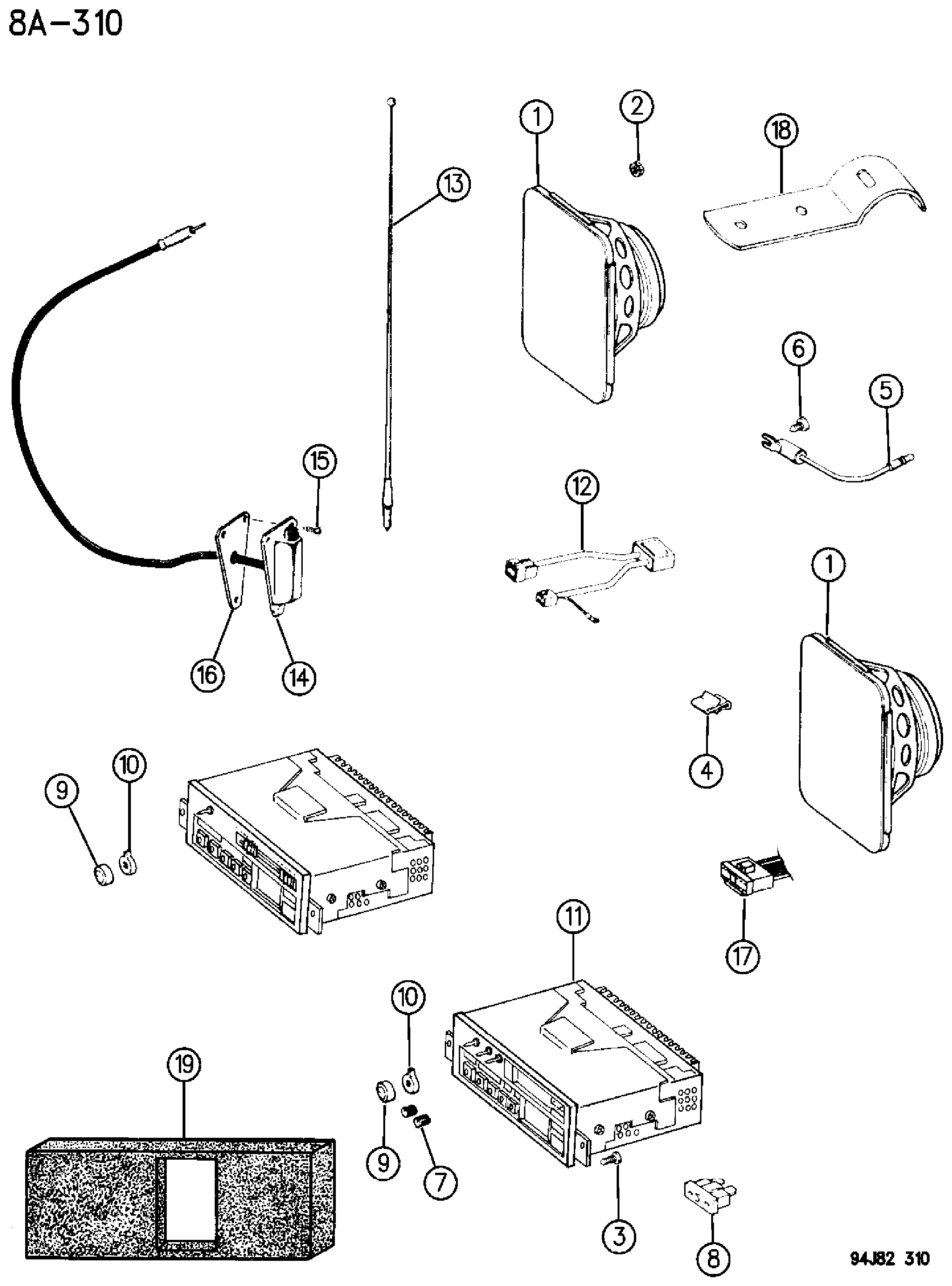 Exploded view: RADIO, ANTENNA AND SPEAKERS WRANGLER YJ