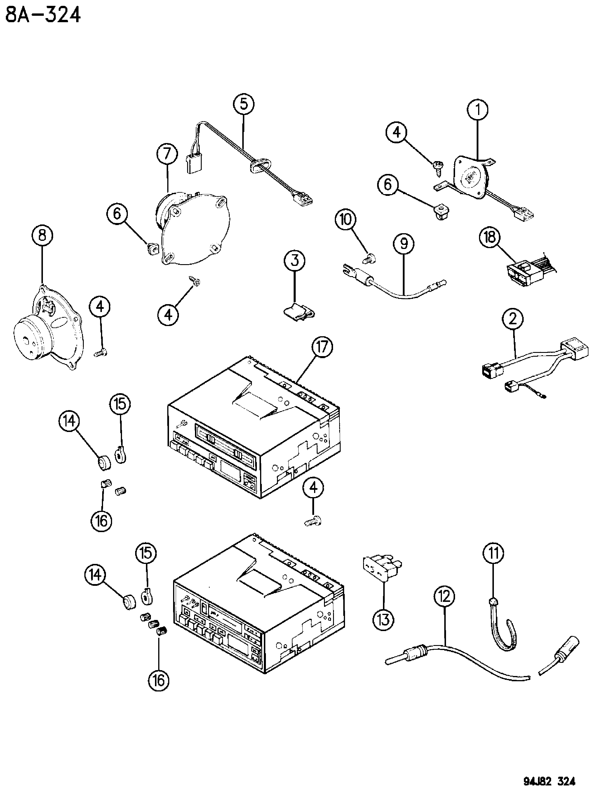 Exploded view: RADIO AND SPEAKERS FOUR AND SIX SPEAKER SYSTEM CHEROKEE AND GRAND CHEROKEE