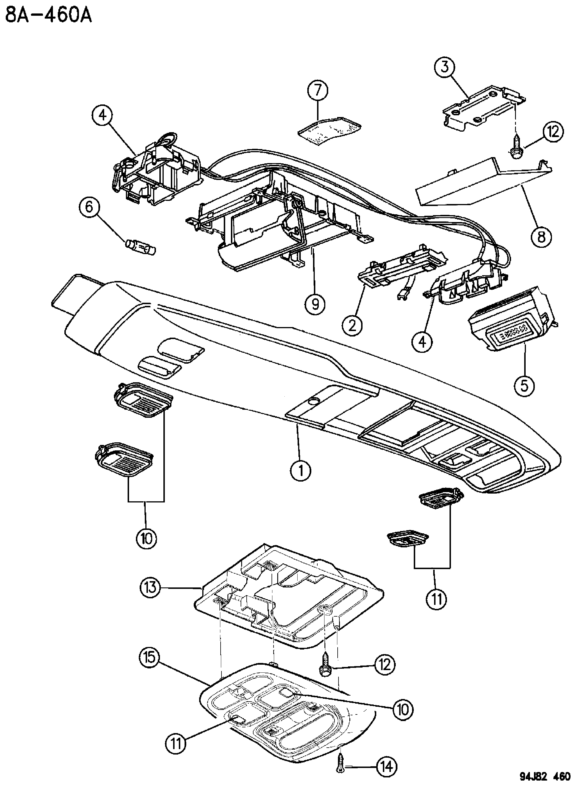 Exploded view: CONSOLE, OVERHEAD GRAND CHEROKEE