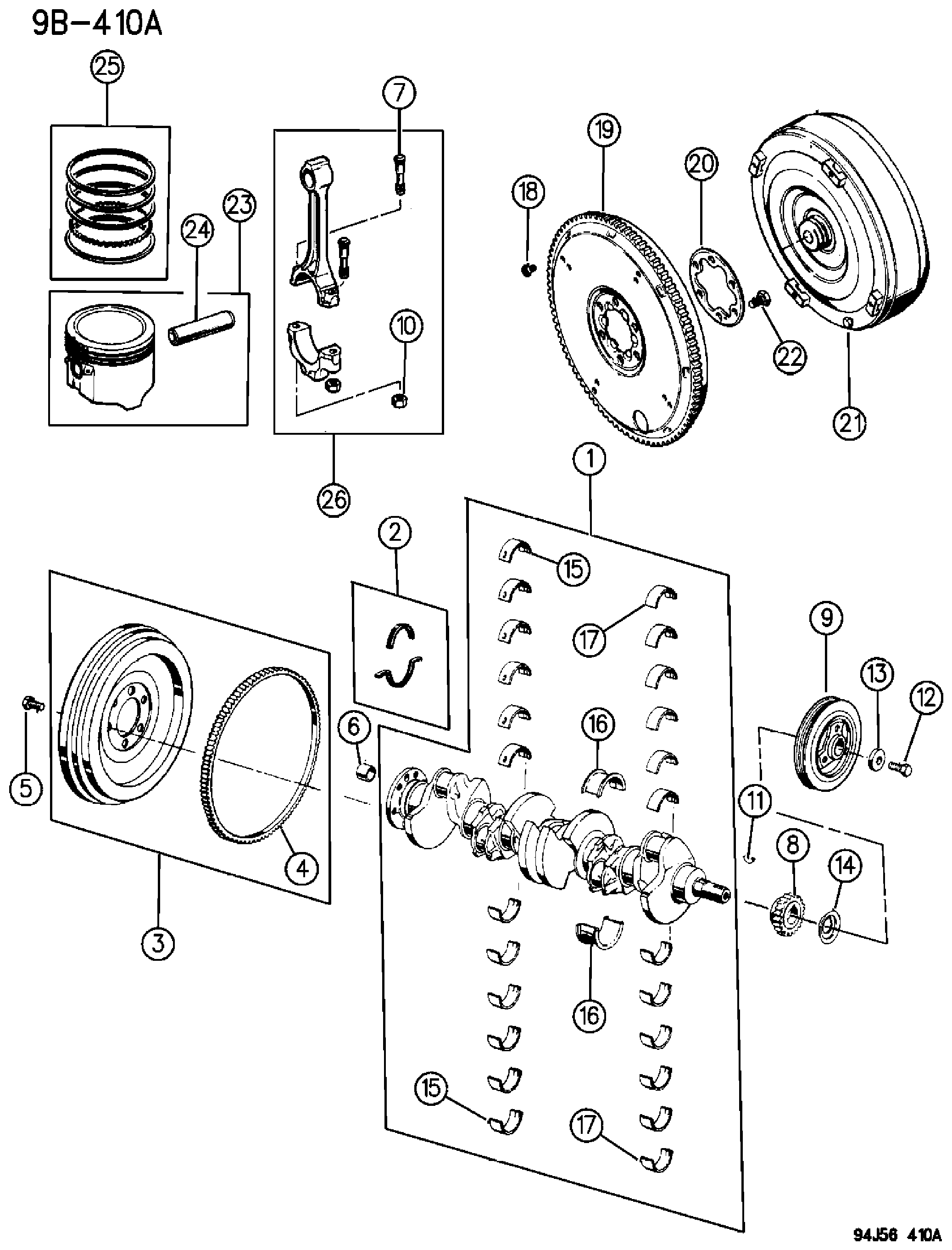 Exploded view: CRANKSHAFT, PISTON, AND TORQUE CONVERTER 4.0L ENGINE