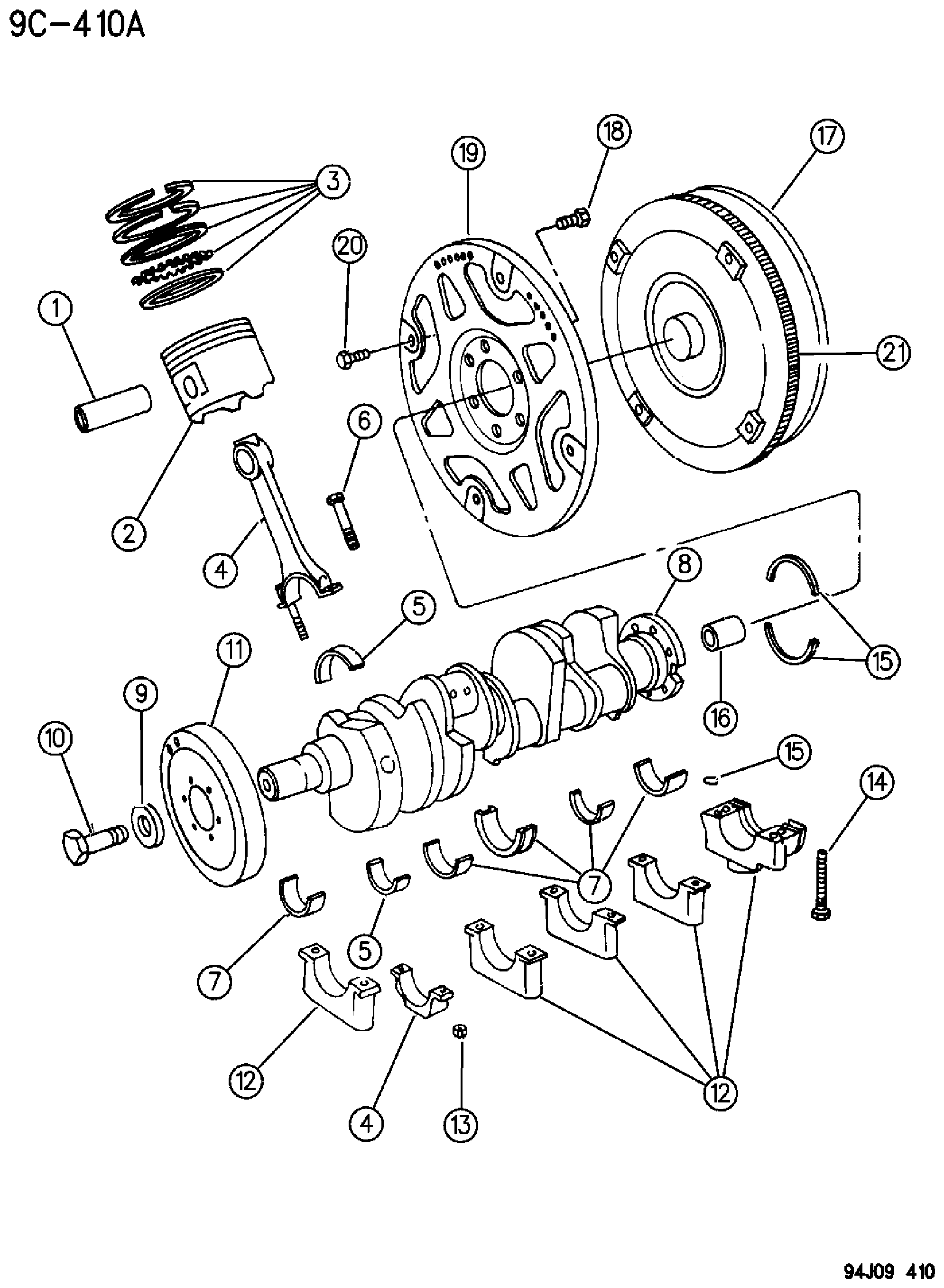 Exploded view: CRANKSHAFT, PISTONS AND TORQUE CONVERTER 5.2L ENGINE