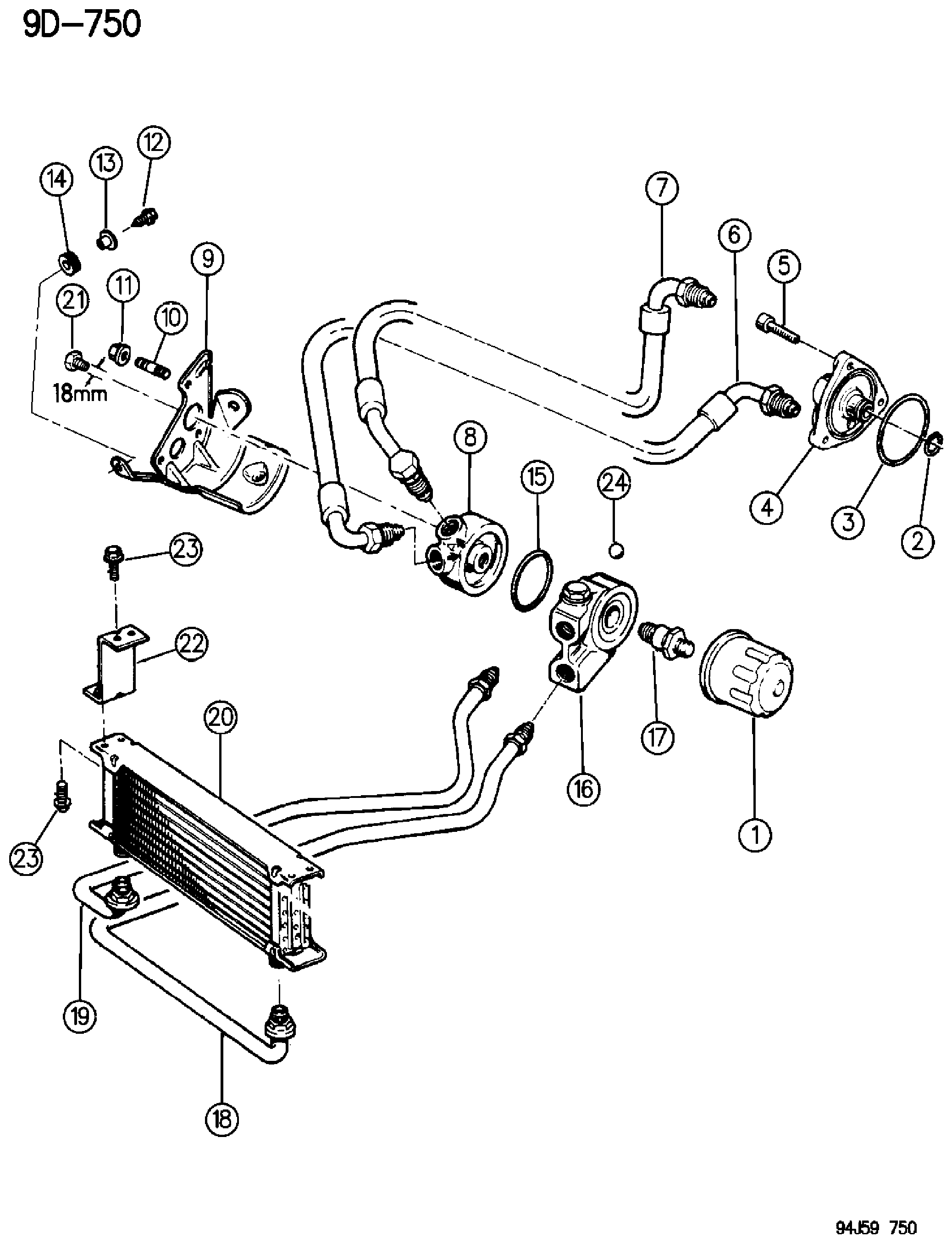 Exploded view: OIL COOLER AND FILTER 2.1L DIESEL ENGINE