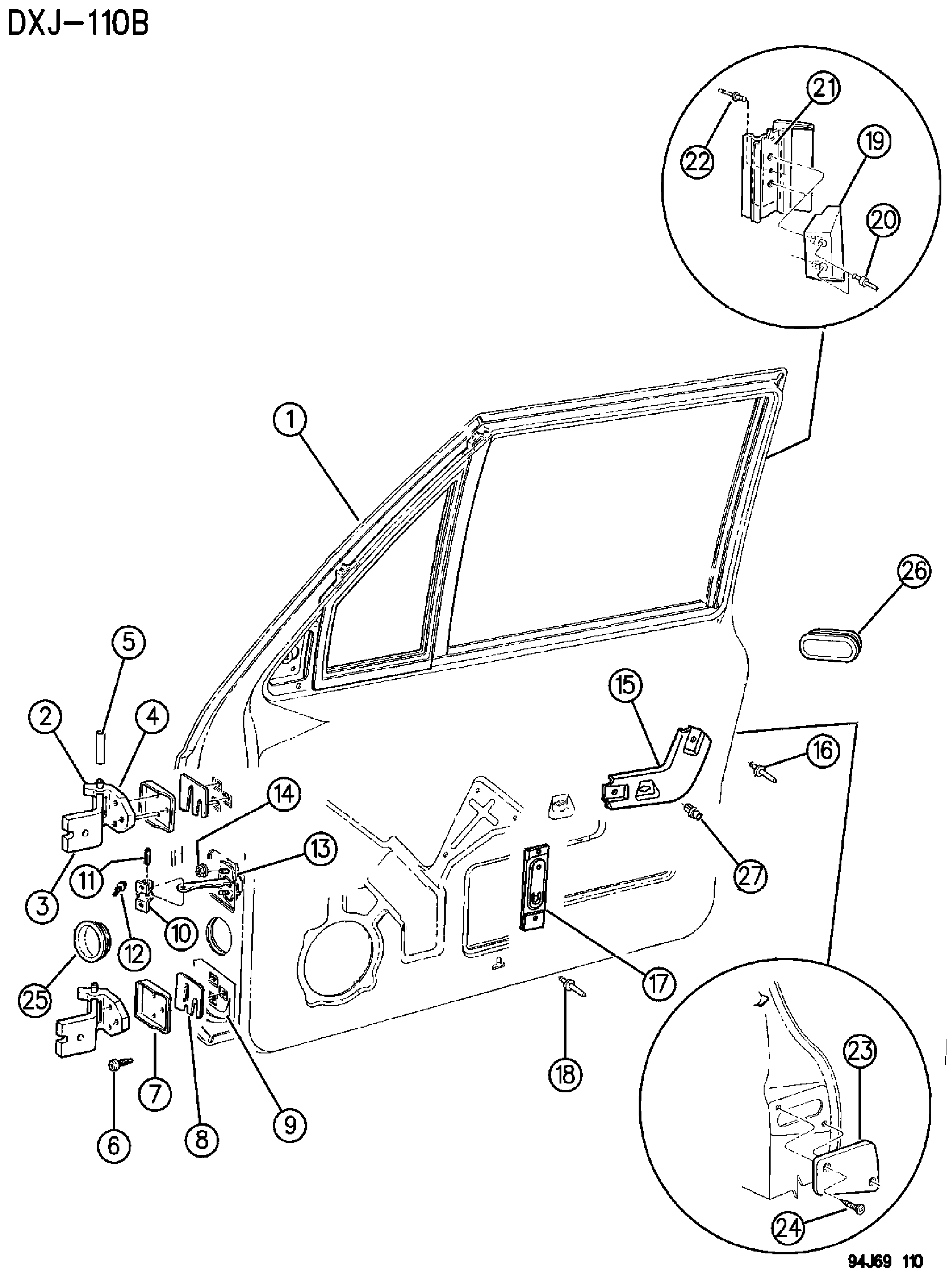 Exploded view: DOOR, FRONT SHELL AND HINGES XJ BODY