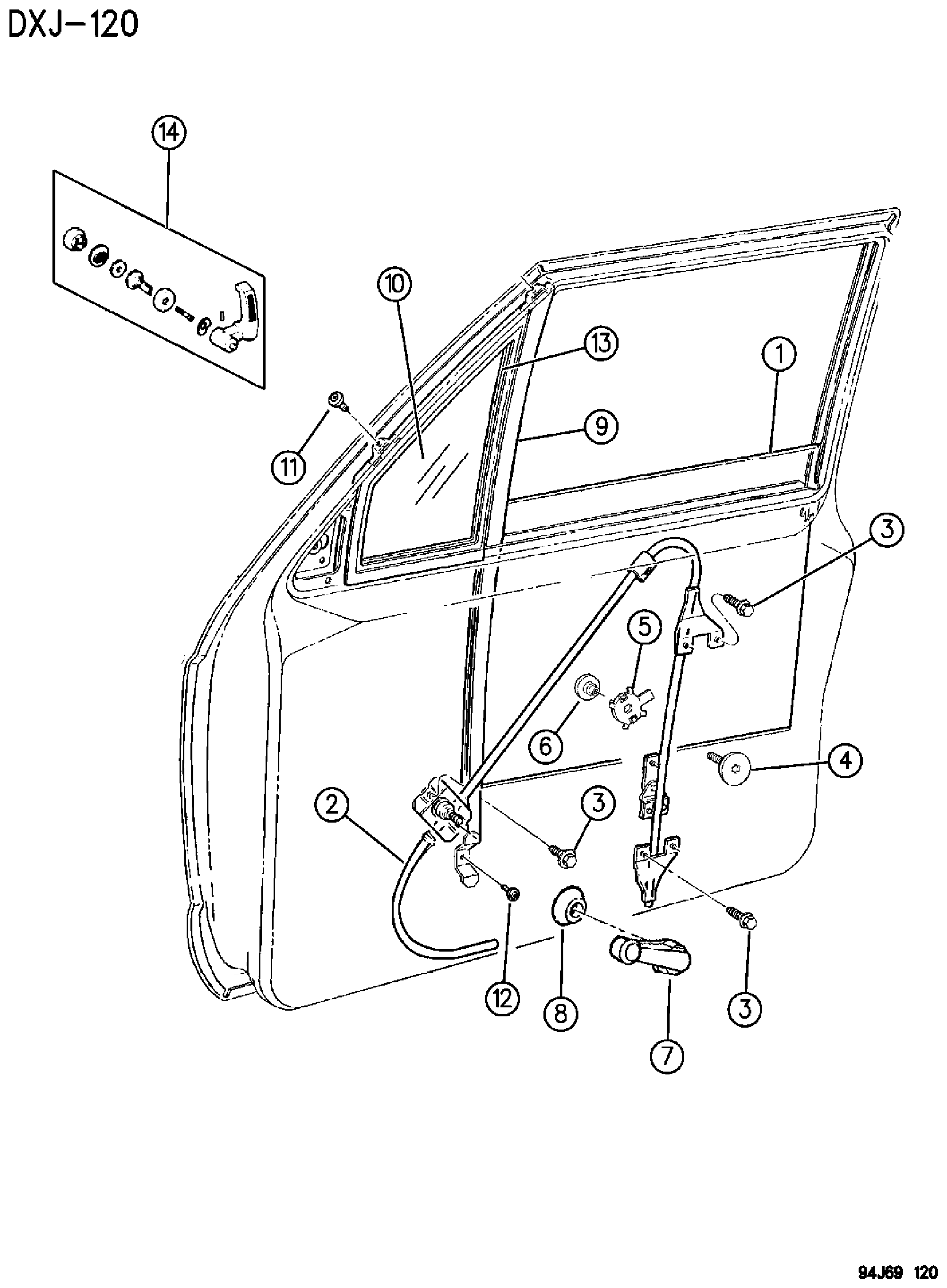 Exploded view: DOOR, FRONT GLASS AND REGULATORS XJ BODY