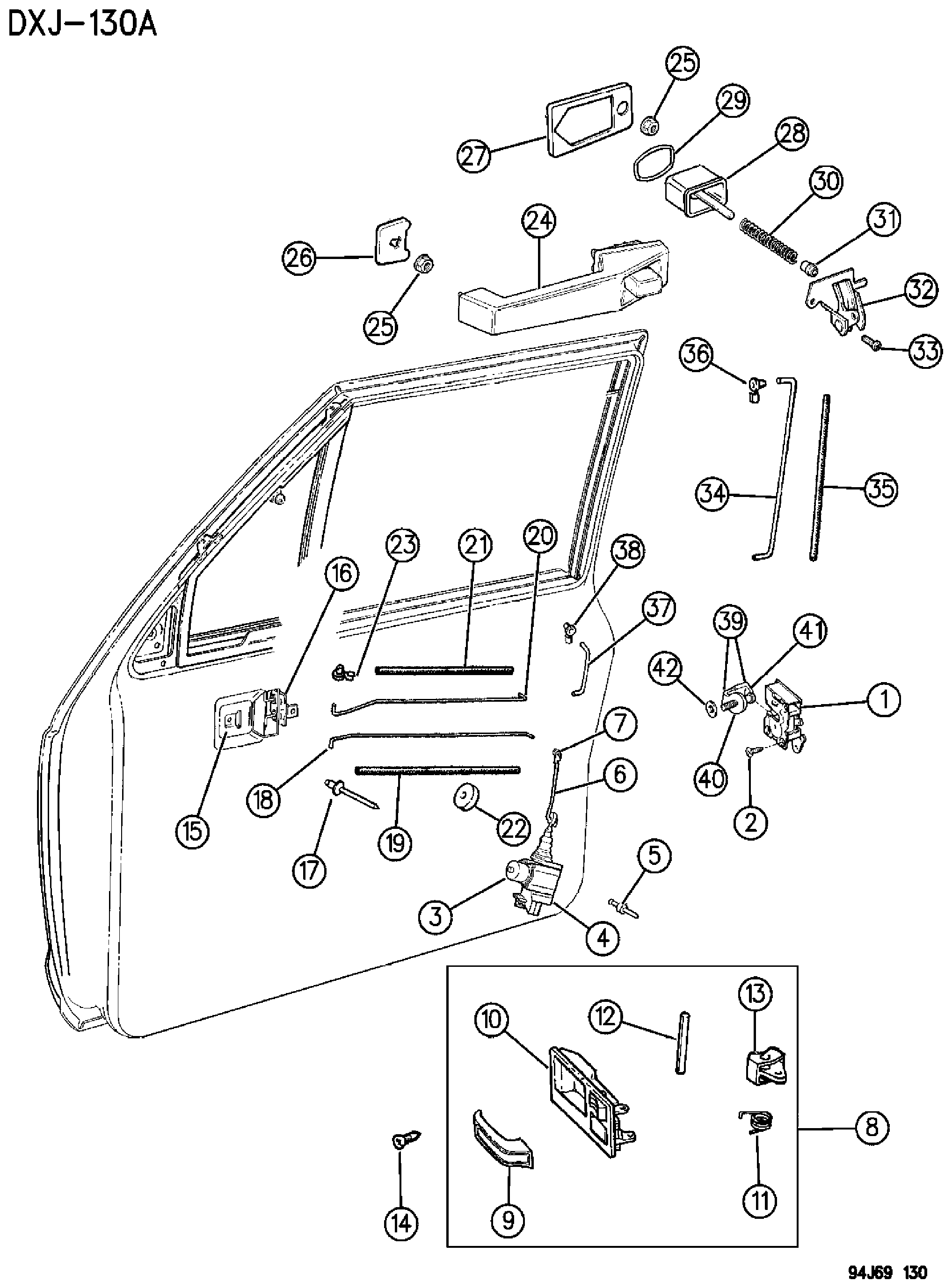 Exploded view: DOOR, FRONT LOCK AND CONTROLS XJ BODY