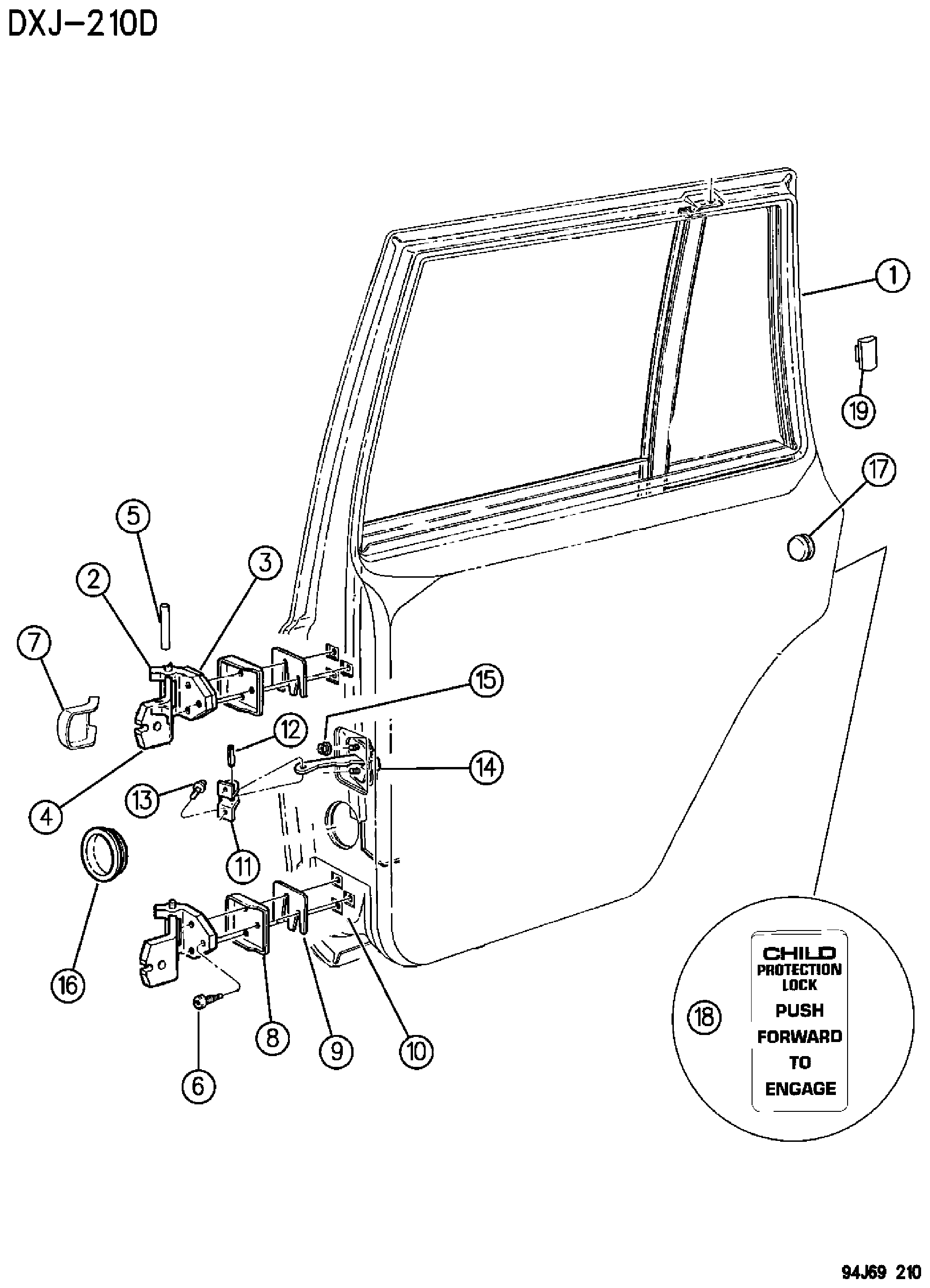 Exploded view: DOOR, REAR SHELL AND HINGES XJ BODY