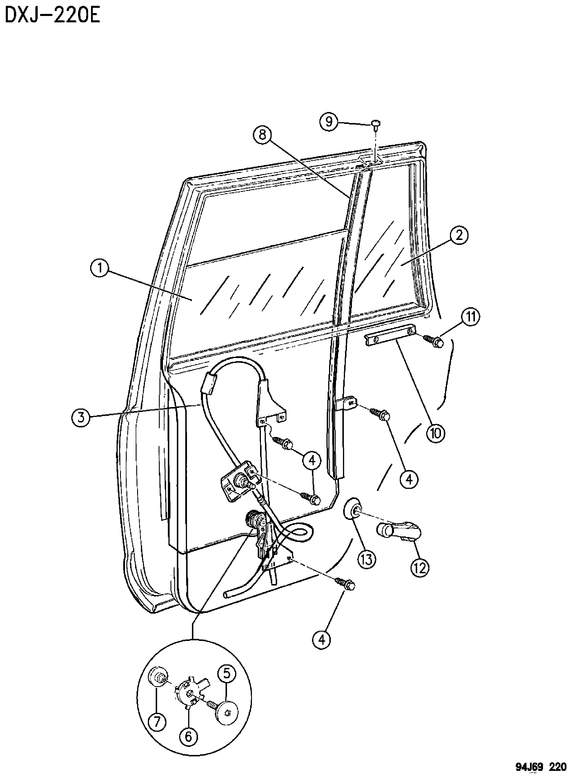 Exploded view: DOOR, REAR GLASS AND REGULATORS XJ BODY