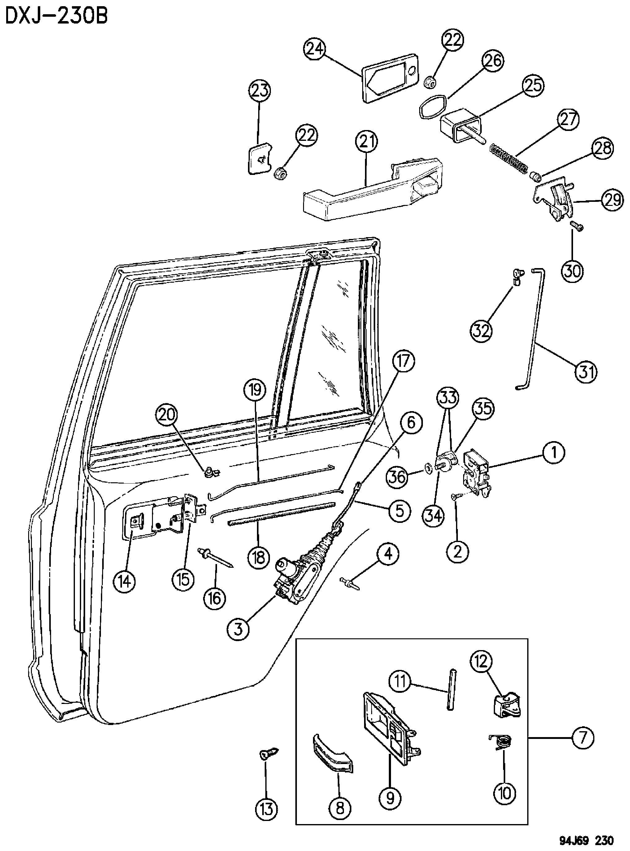 Exploded view: DOOR, REAR LOCK AND CONTROLS CHEROKEE XJ