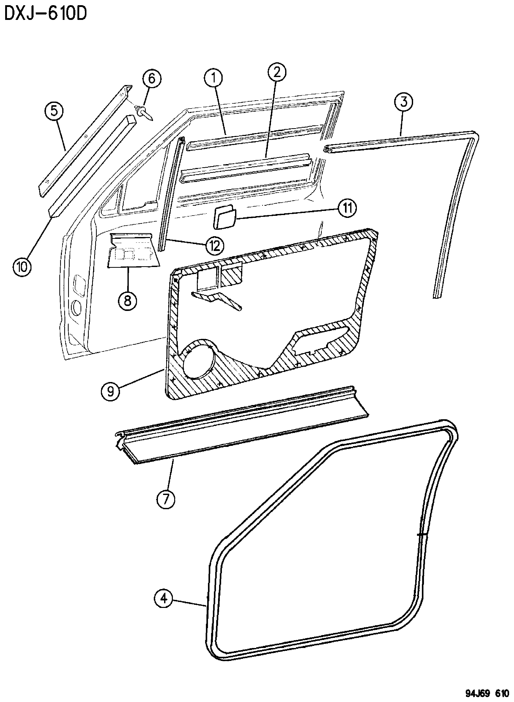 Exploded view: DOOR, FRONT WEATHERSTRIPS AND SEALS XJ BODY
