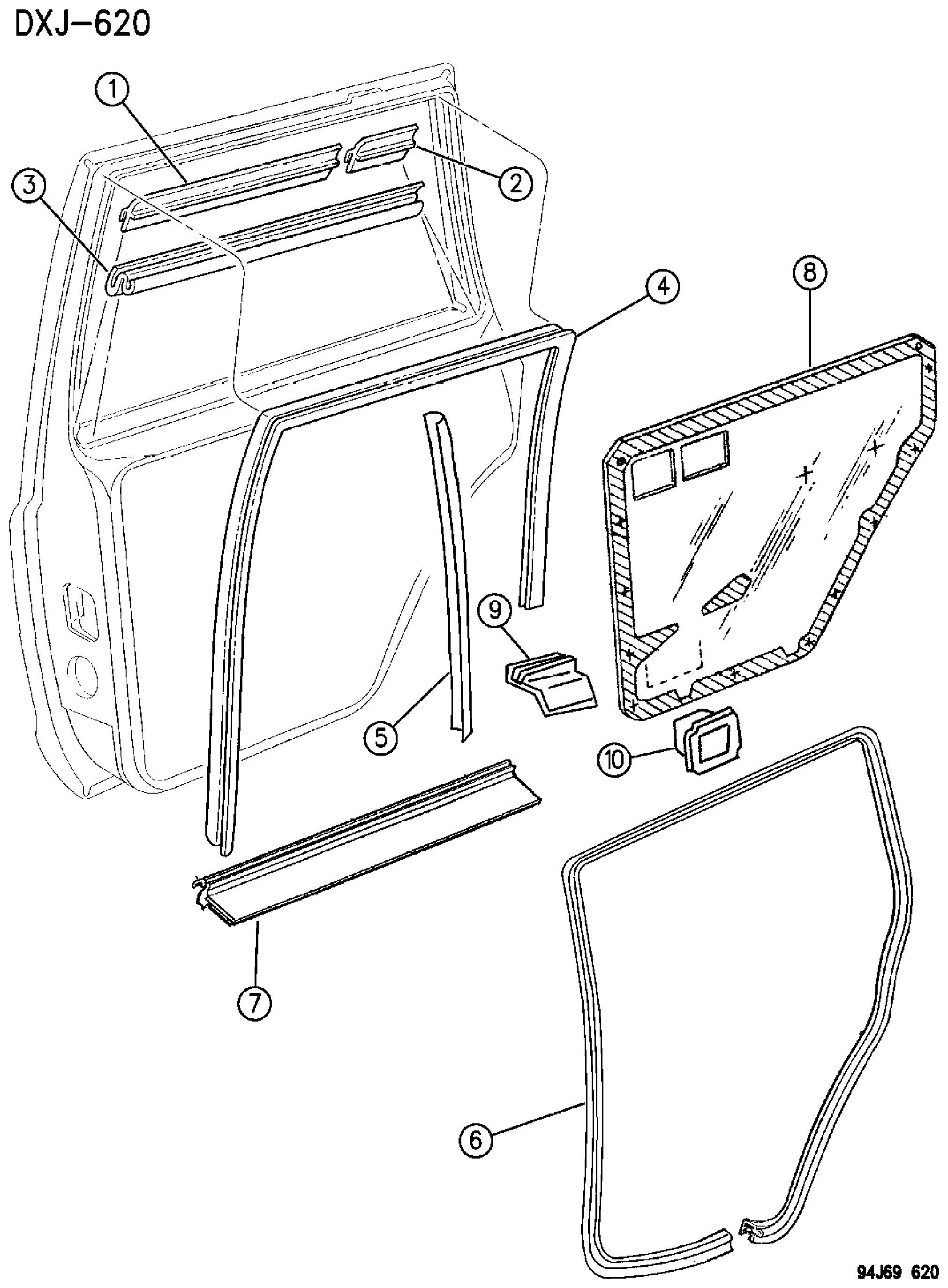 Exploded view: DOOR, REAR WEATHERSTRIPS AND SEALS XJ BODY