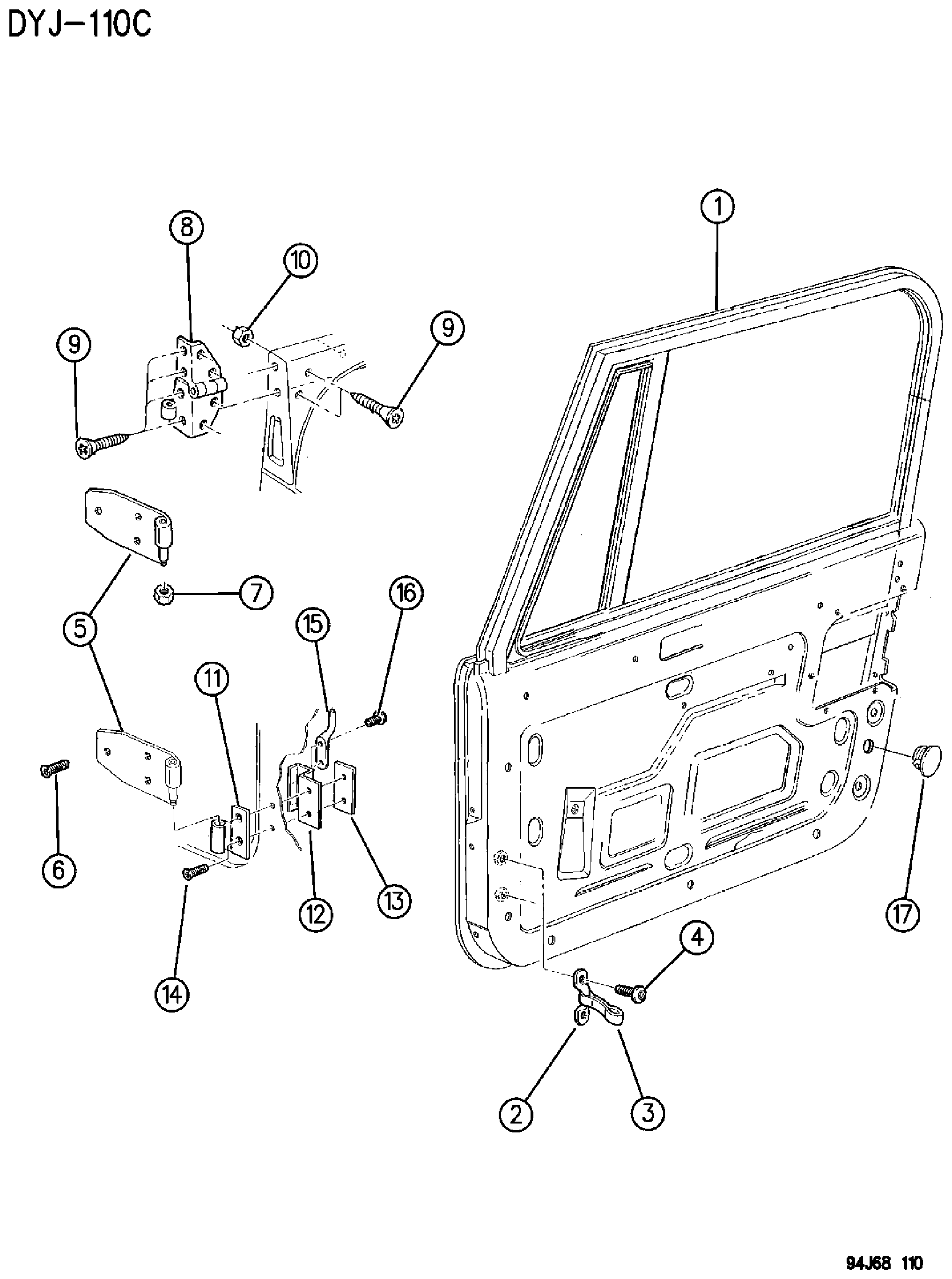 Exploded view: DOOR, FRONT, FULL SHELL AND HINGES WRANGLER YJ