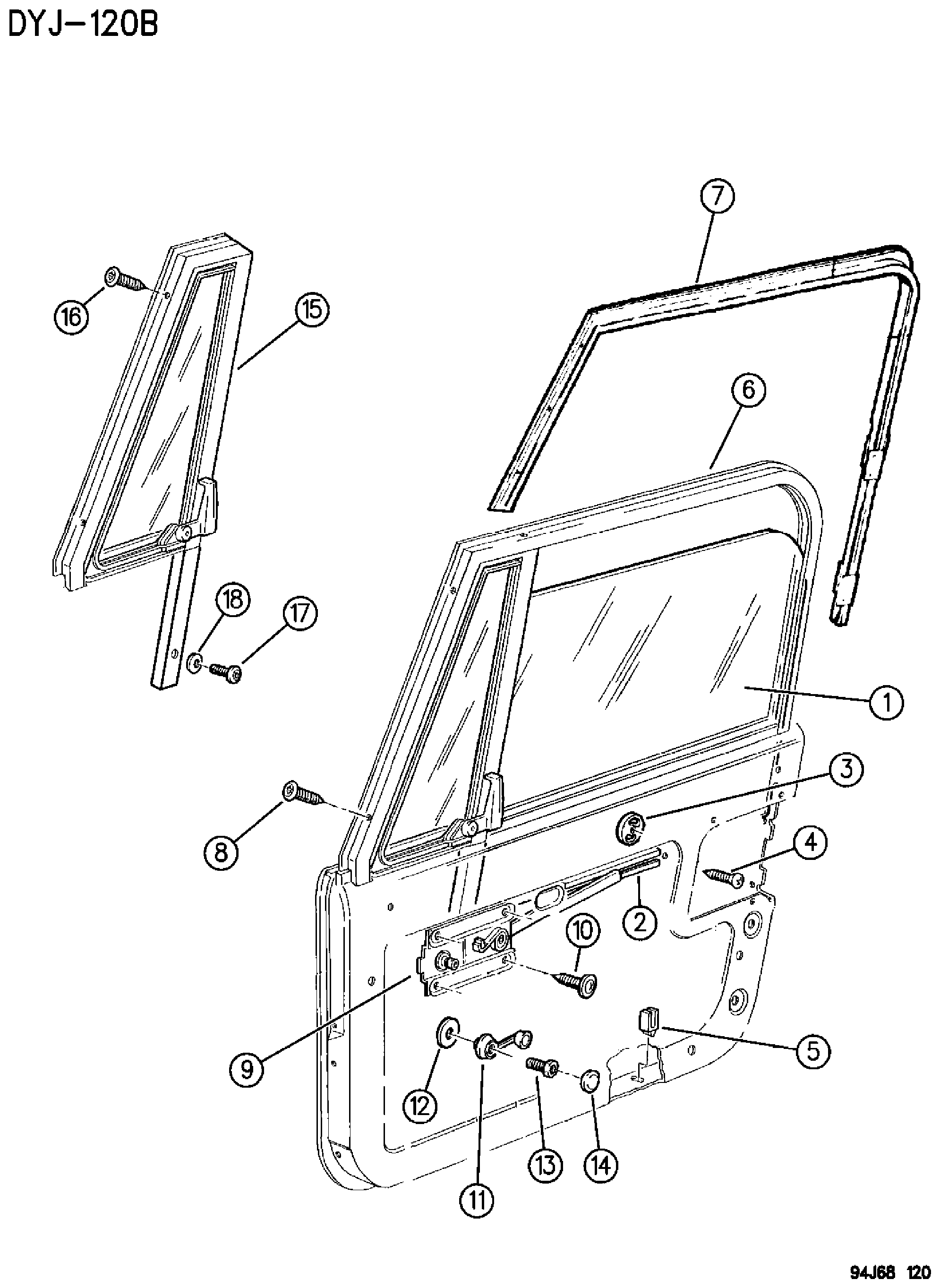 Exploded view: DOOR, FRONT, FULL GLASS AND REGULATORS WRANGLER YJ