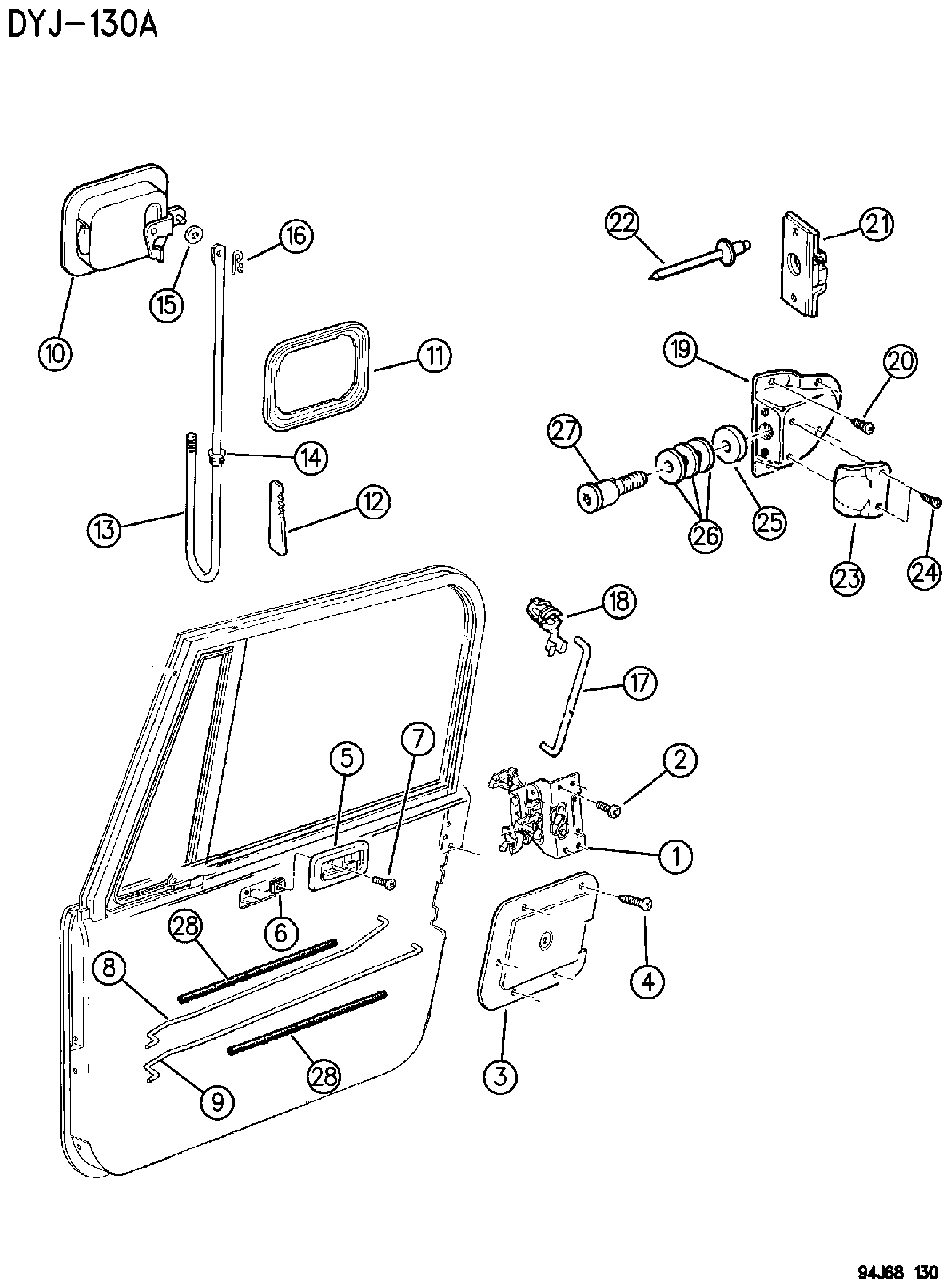 Exploded view: DOOR, FRONT, FULL LOCK AND CONTROLS WRANGLER YJ