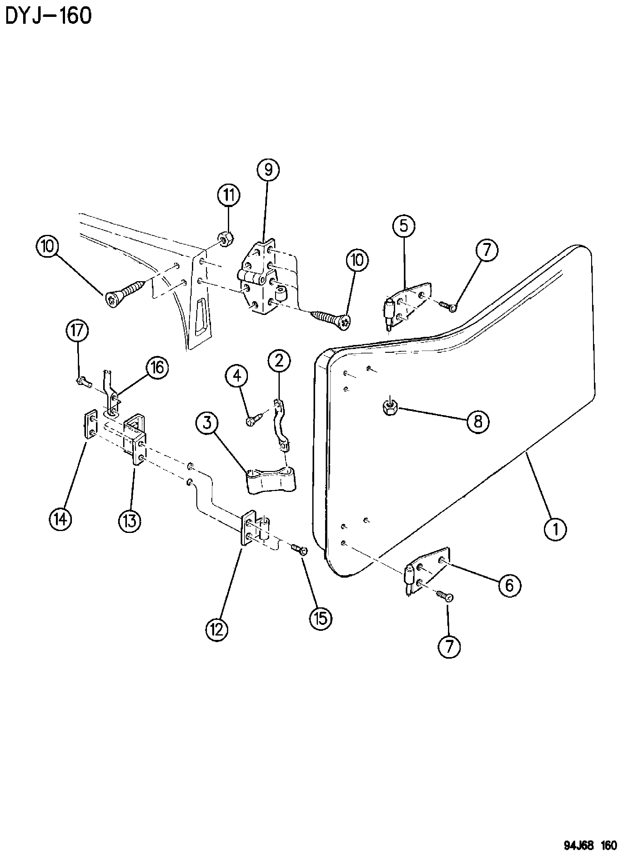 Exploded view: DOOR, FRONT, HALF SHELL AND HINGES WRANGLER YJ