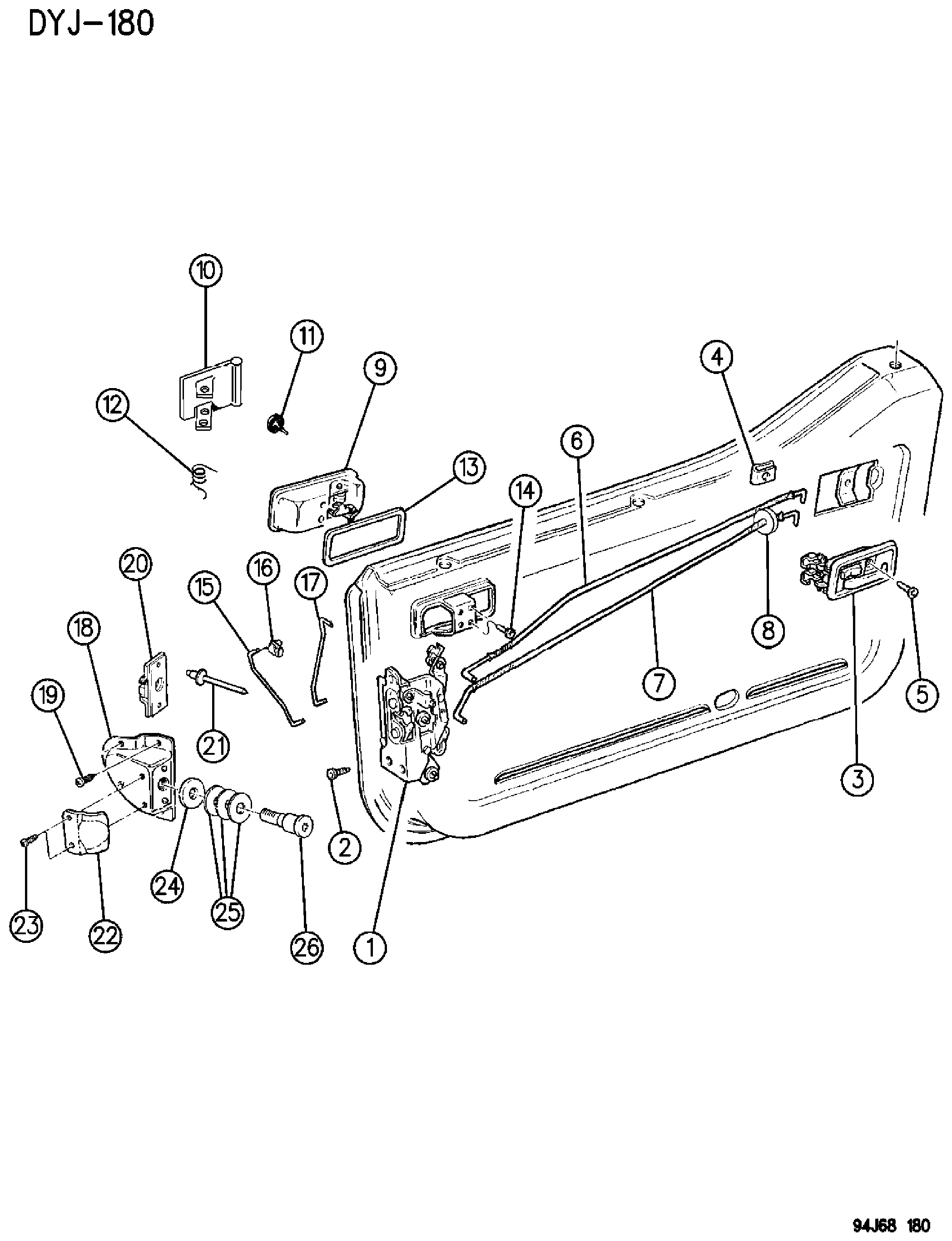 Exploded view: DOOR, FRONT, HALF LOCK AND CONTROLS WRANGLER YJ