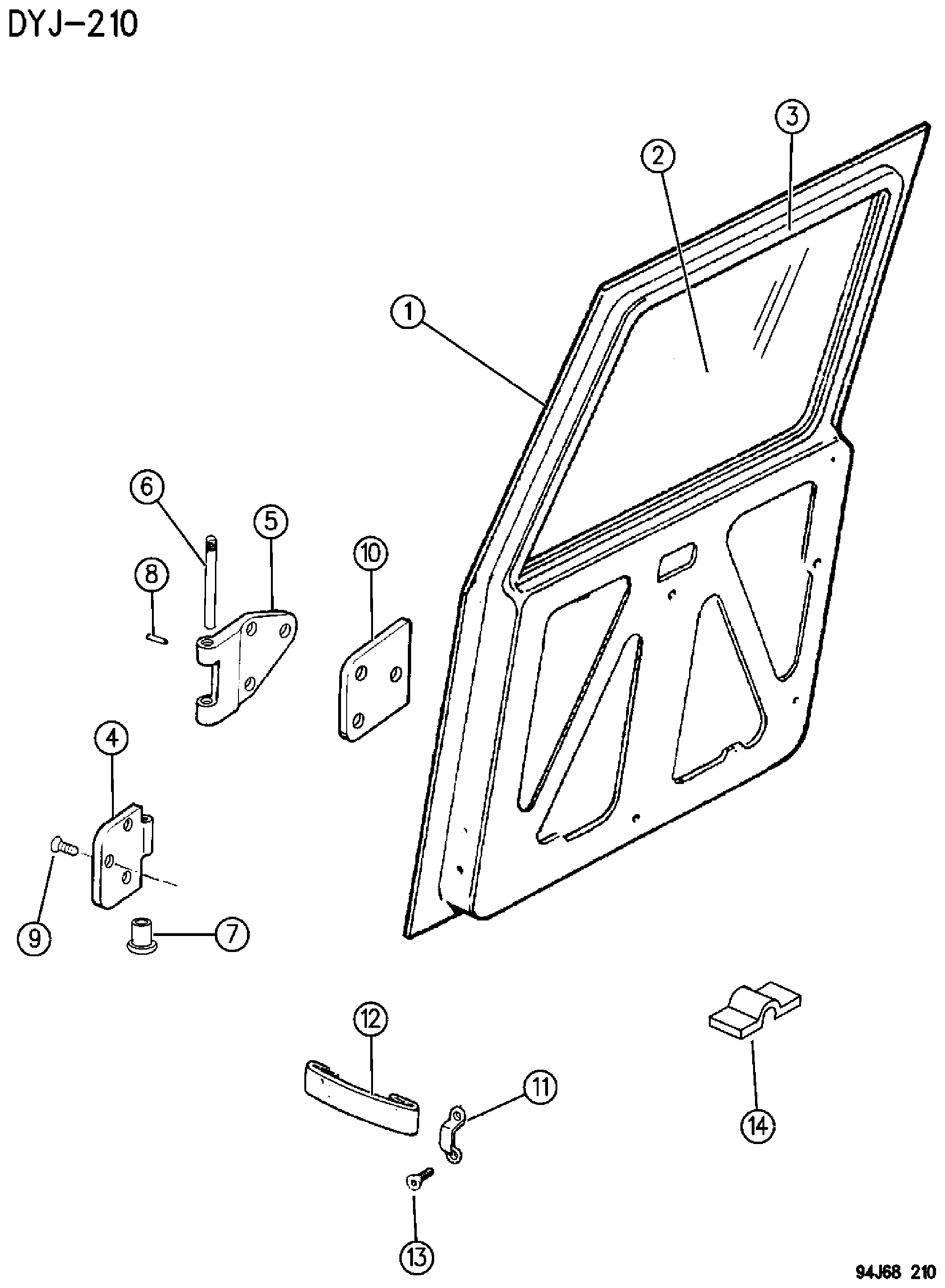 Exploded view: DOOR, REAR, WORLD CAB SHELL AND HINGES WRANGLER Y1
