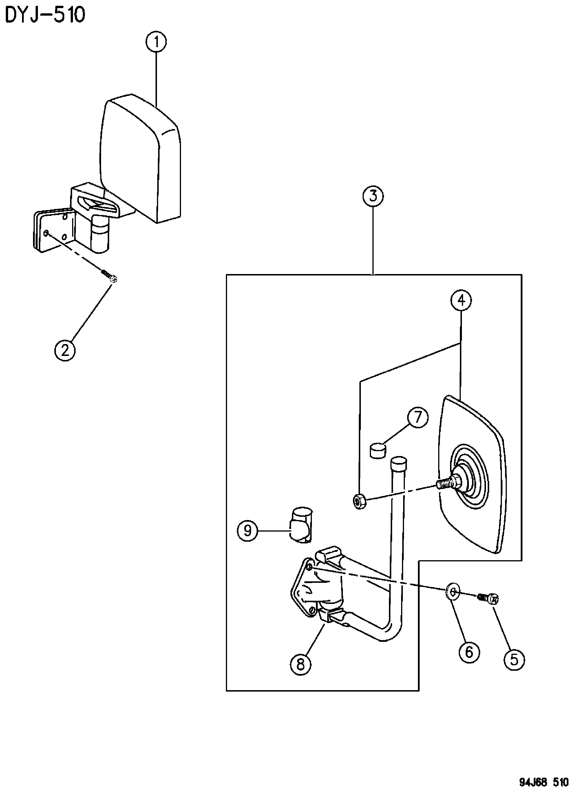 Exploded view: MIRRORS, EXTERIOR WRANGLER YJ