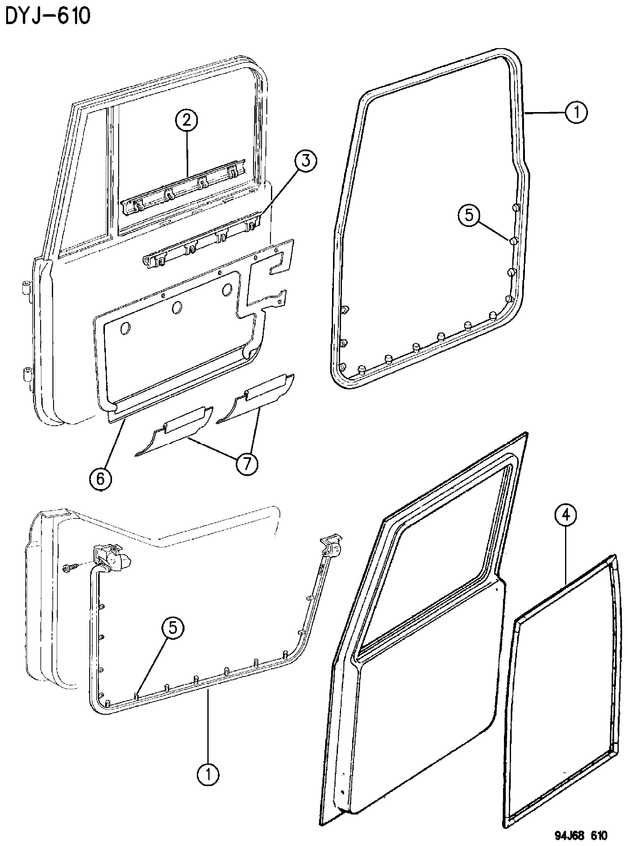 Exploded view: DOOR, FRONT AND REAR WEATHERSTRIPS AND SEALS WRANGLER YJ