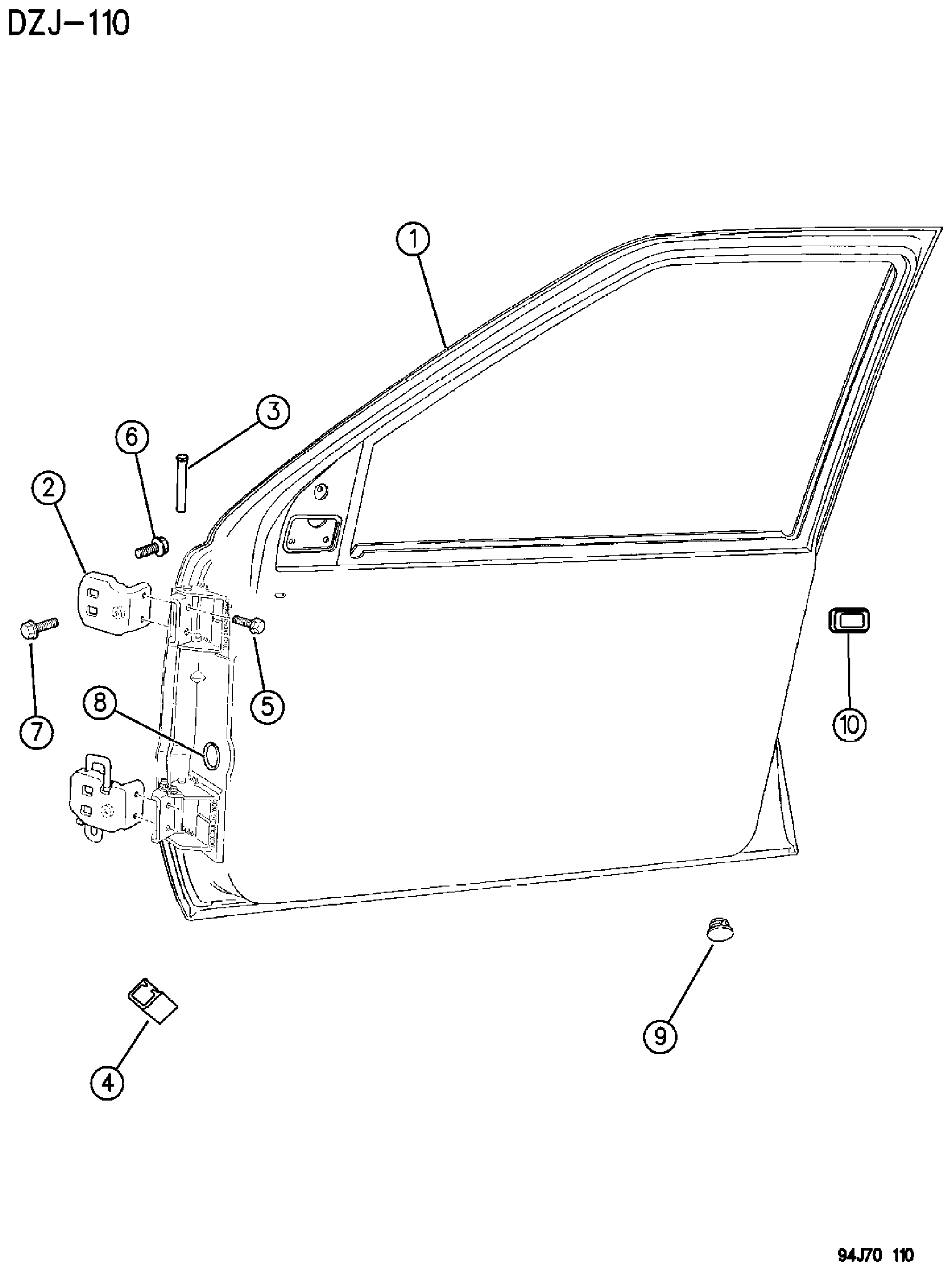 Exploded view: DOOR, FRONT SHELL AND HINGES ZJ, ZG BODY