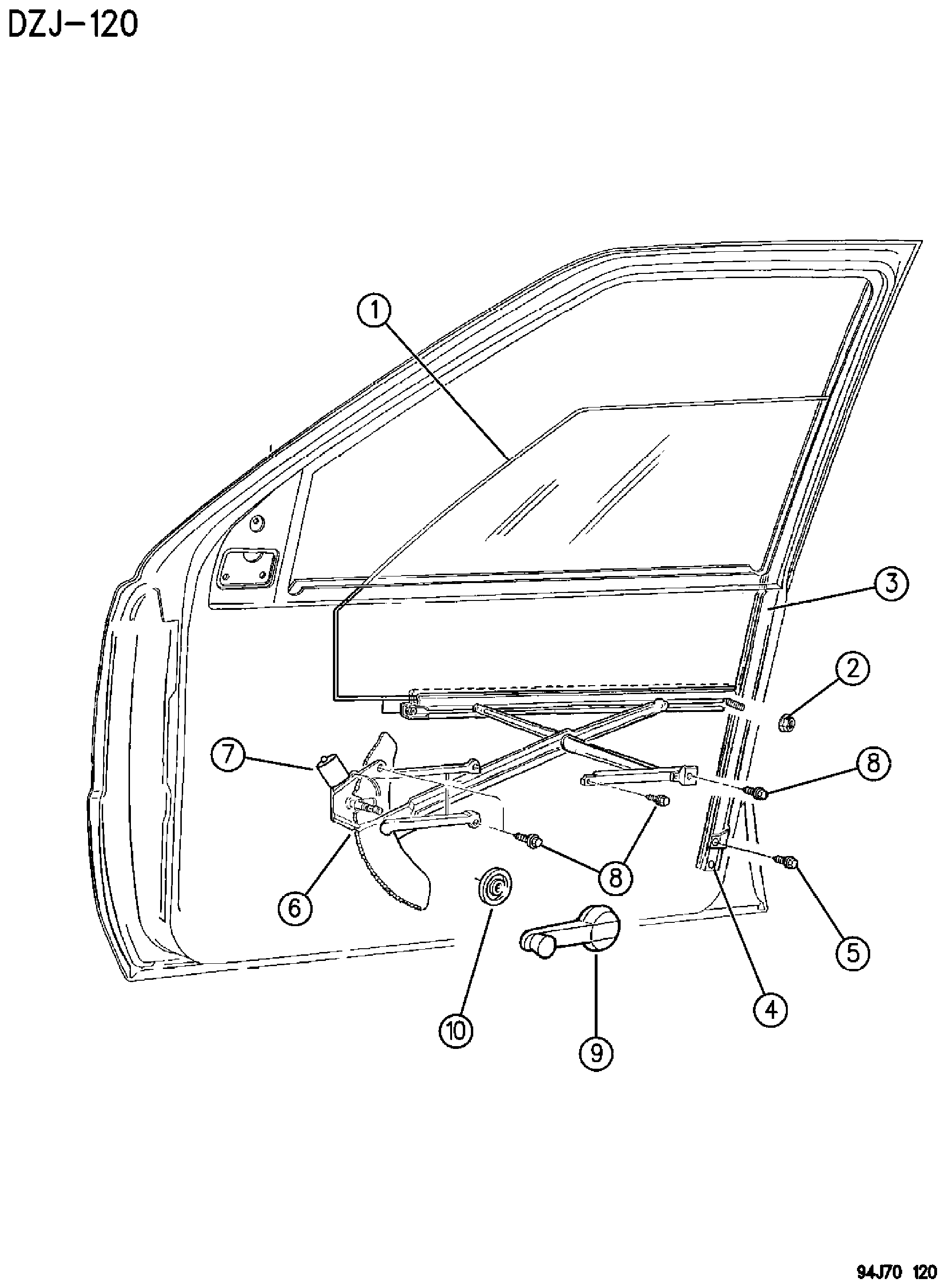 Exploded view: DOOR, FRONT GLASS AND REGULATORS ZJ, ZG BODY