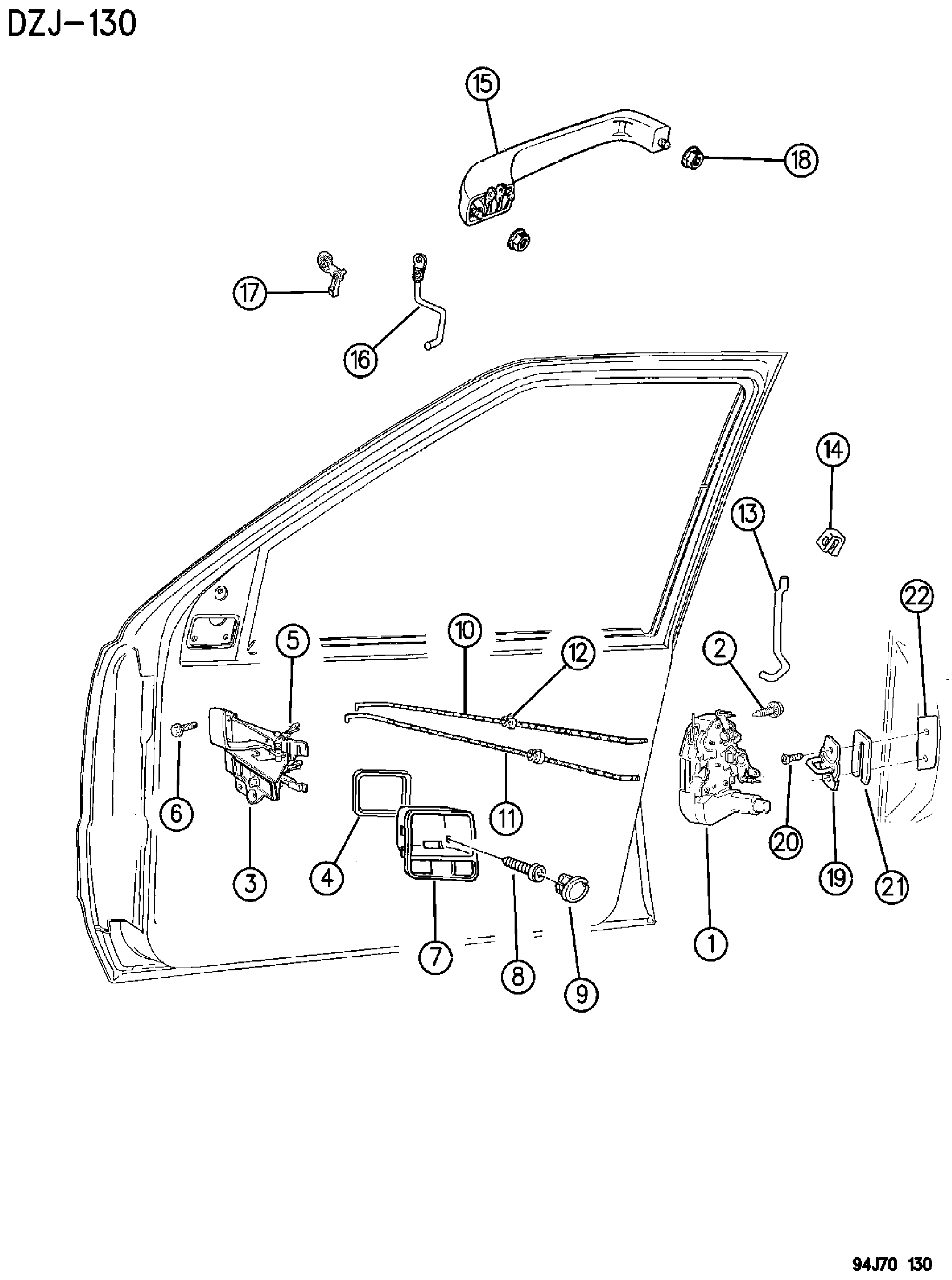 Exploded view: DOOR, FRONT LOCK AND CONTROLS ZJ, ZG BODY