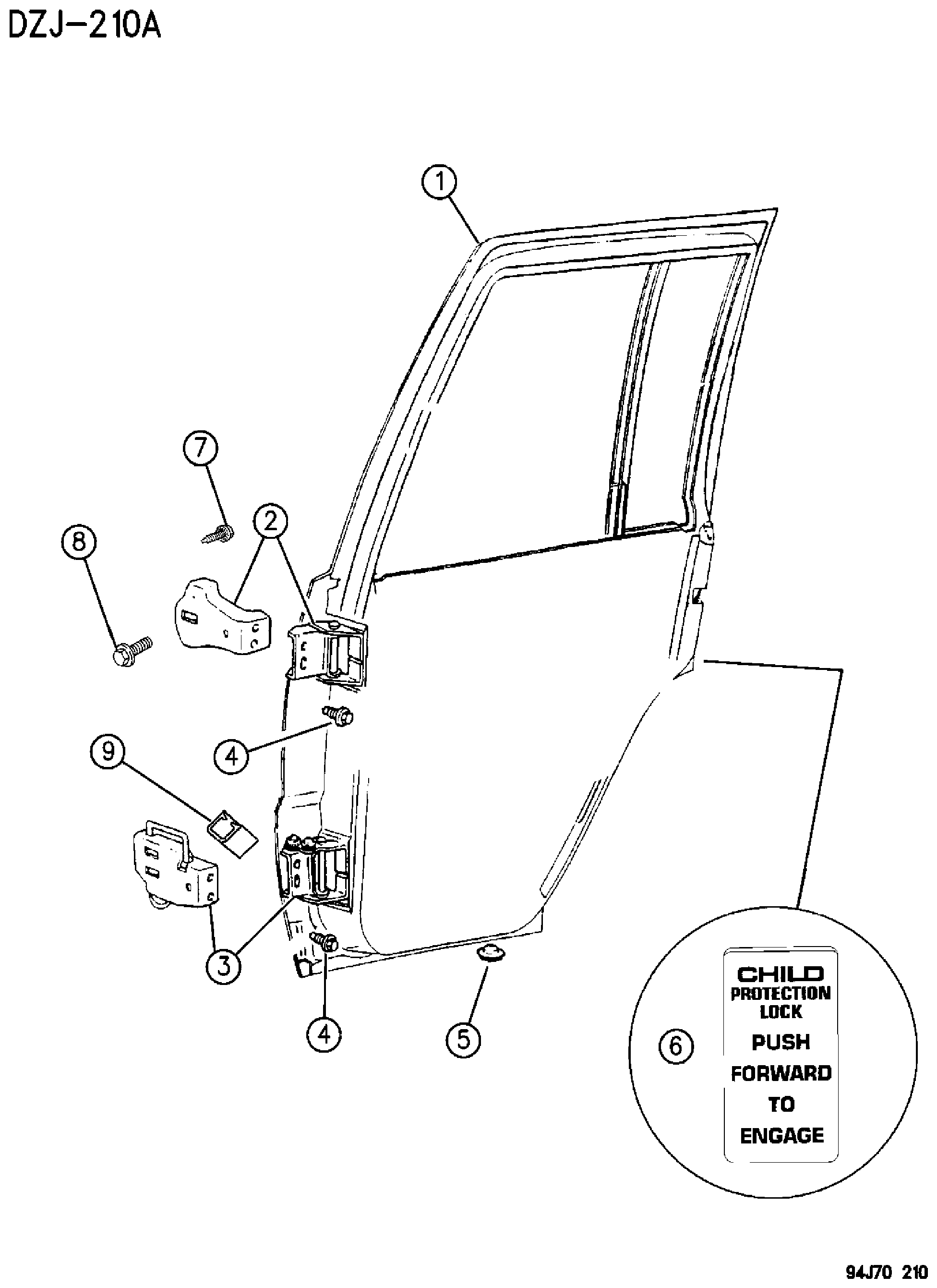 Exploded view: DOOR, REAR SHELL AND HINGES ZJ, ZG BODY
