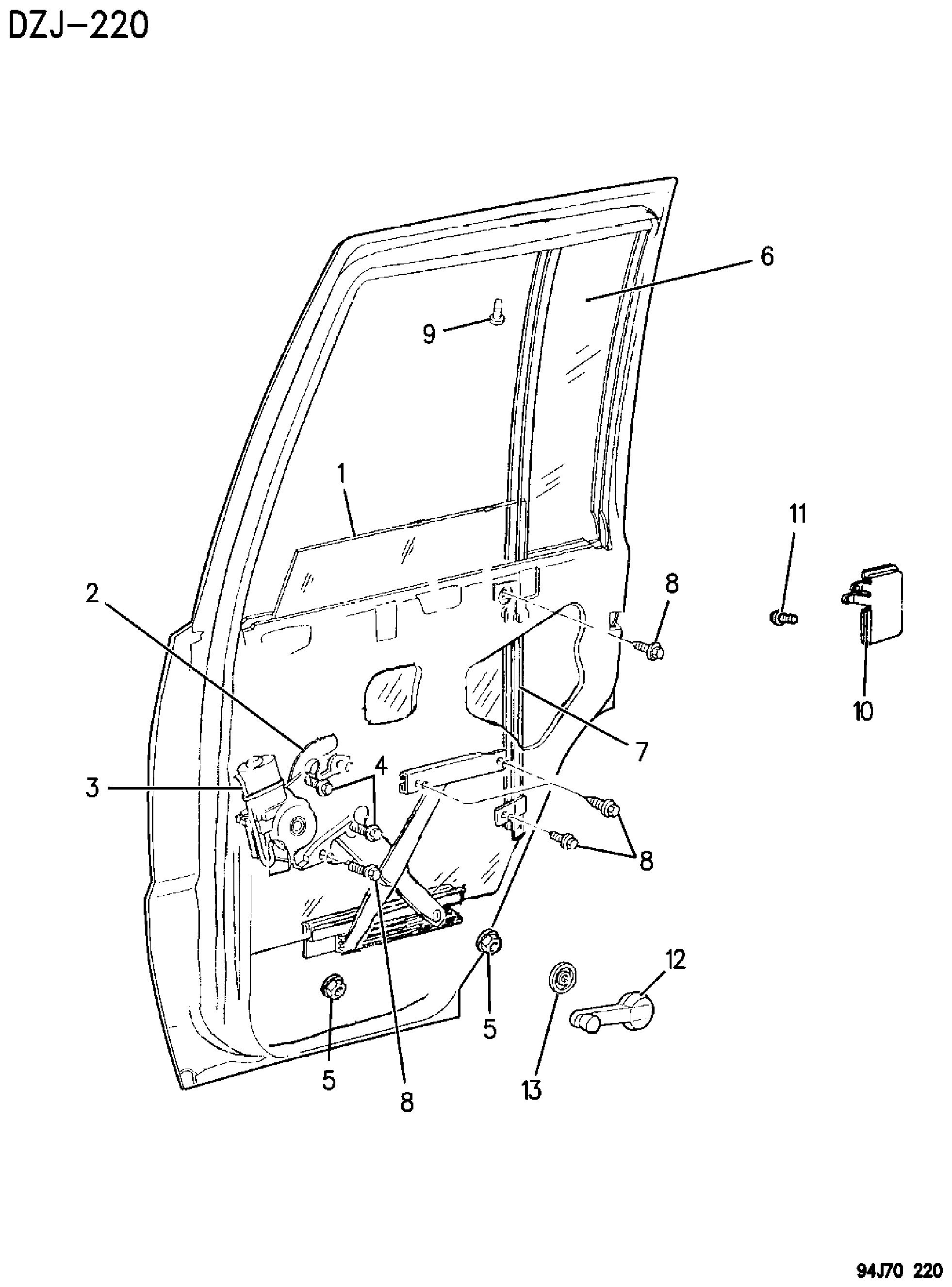 Exploded view: DOOR, REAR GLASS AND REGULATORS ZJ, ZG BODY