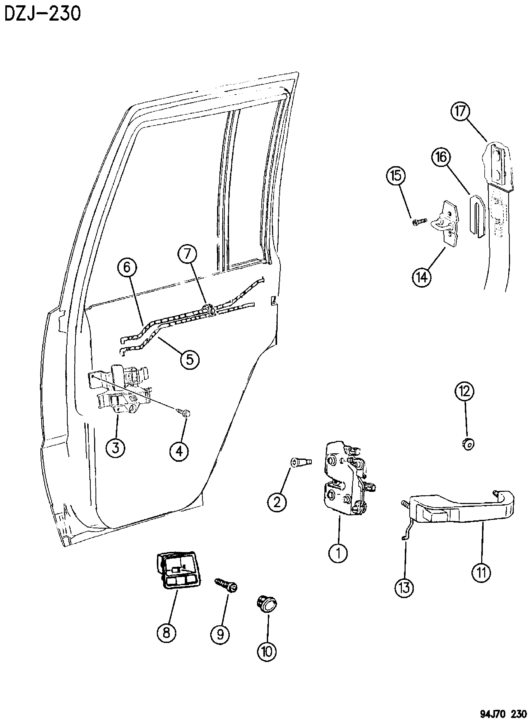 Exploded view: DOORS, REAR LOCK AND CONTROLS ZJ, ZG BODY