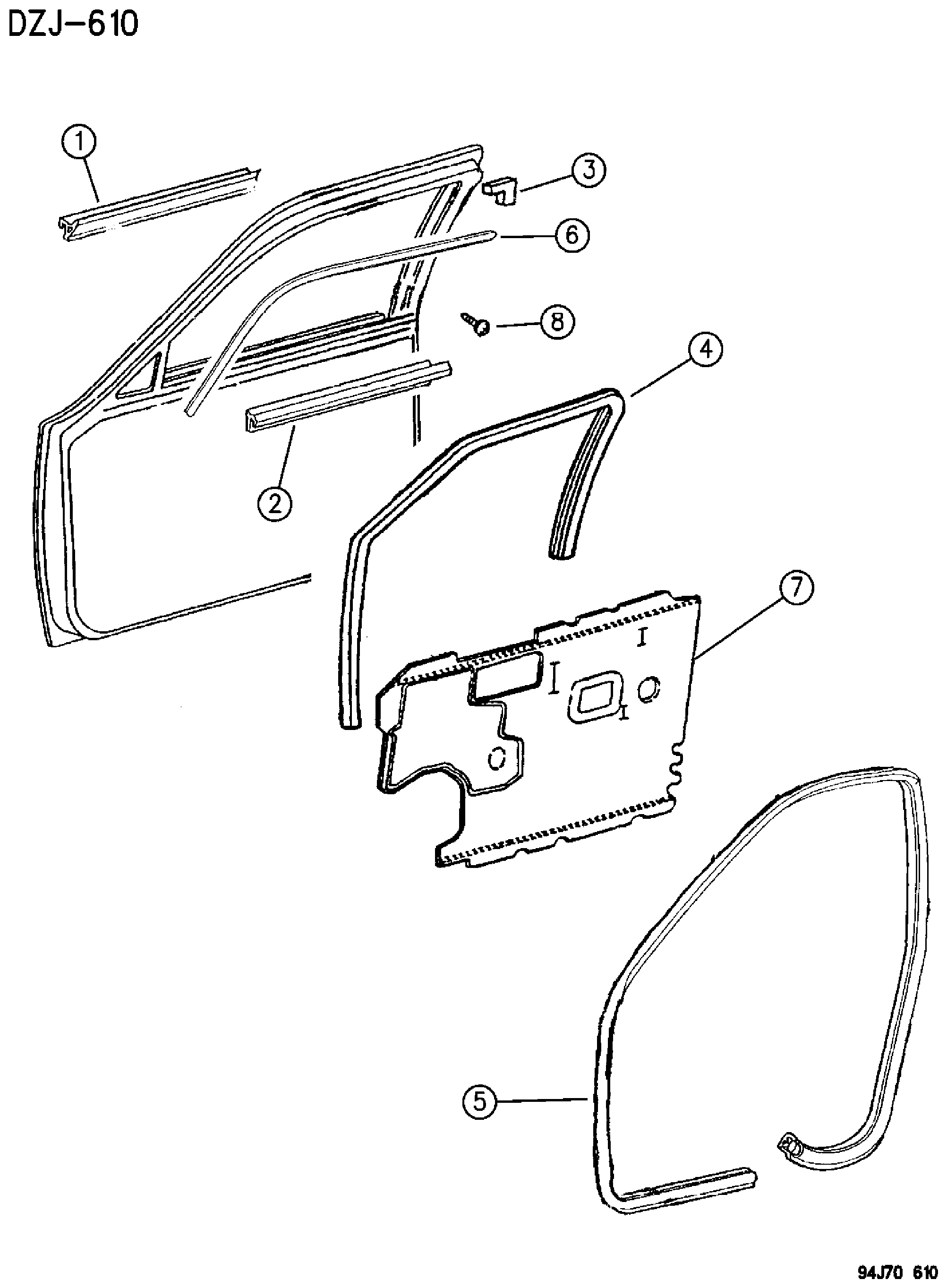 Exploded view: DOOR, FRONT WEATHERSTRIPS AND SEALS ZJ, ZG BODY