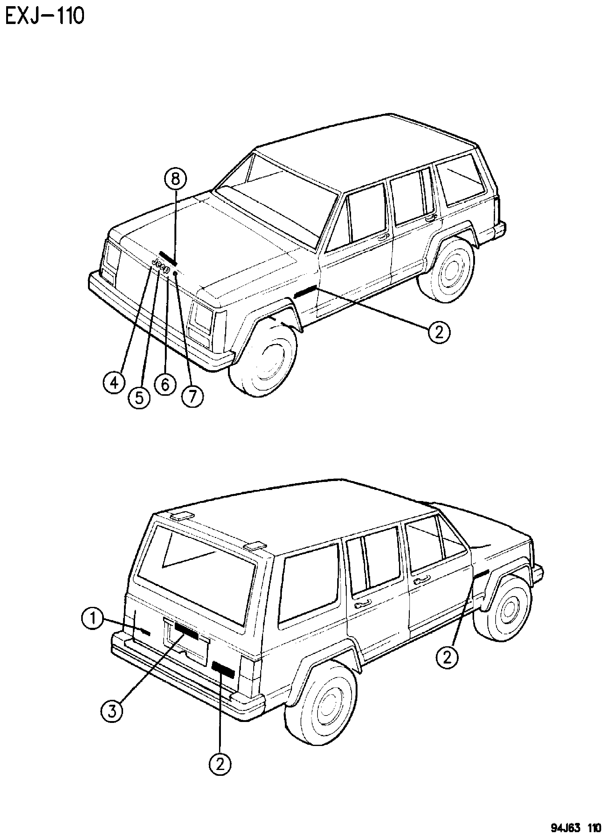 Exploded view: NAMEPLATES XJ BODY
