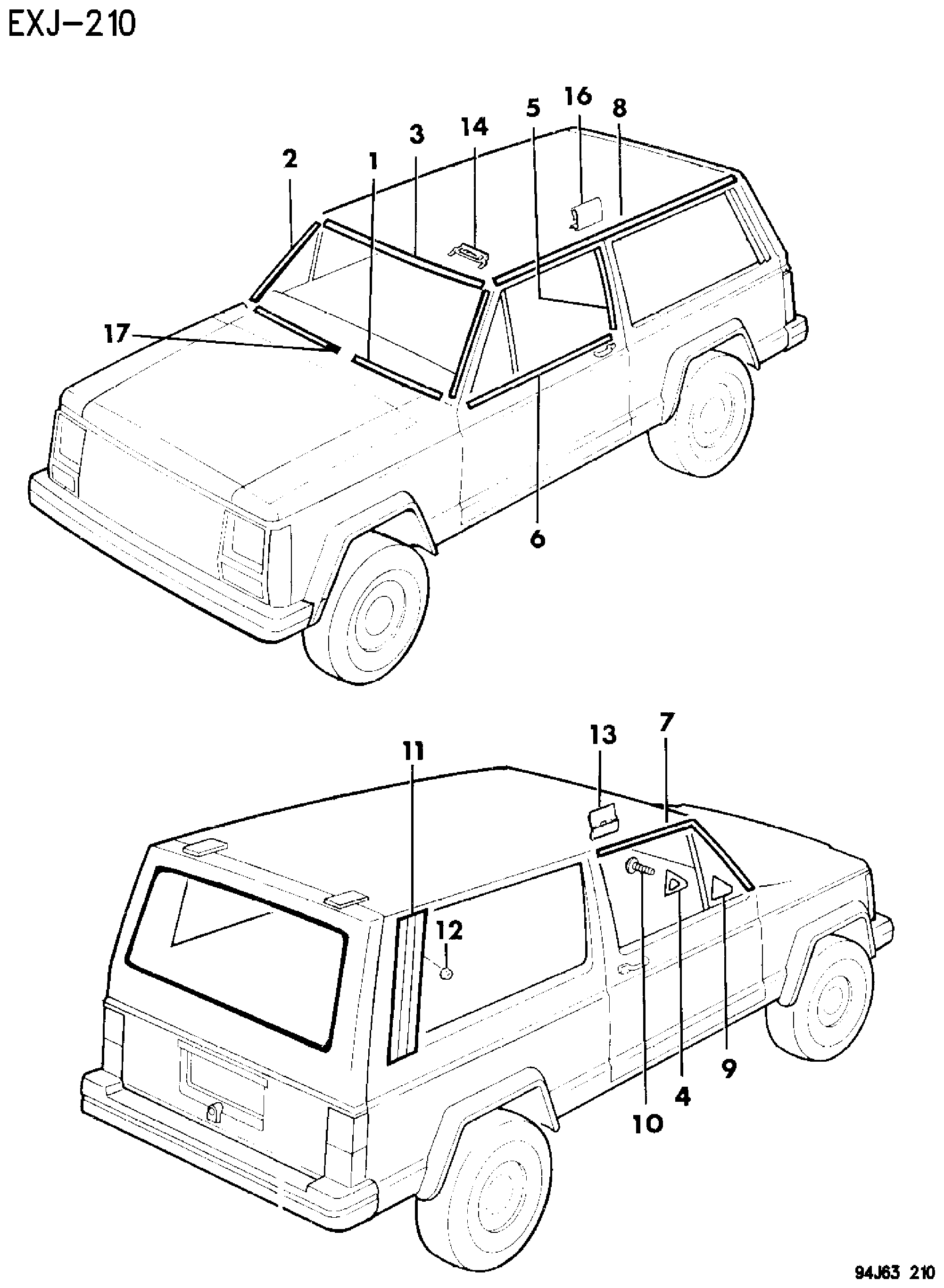 Exploded view: MOULDINGS, UPPER XJ BODY TWO DOOR