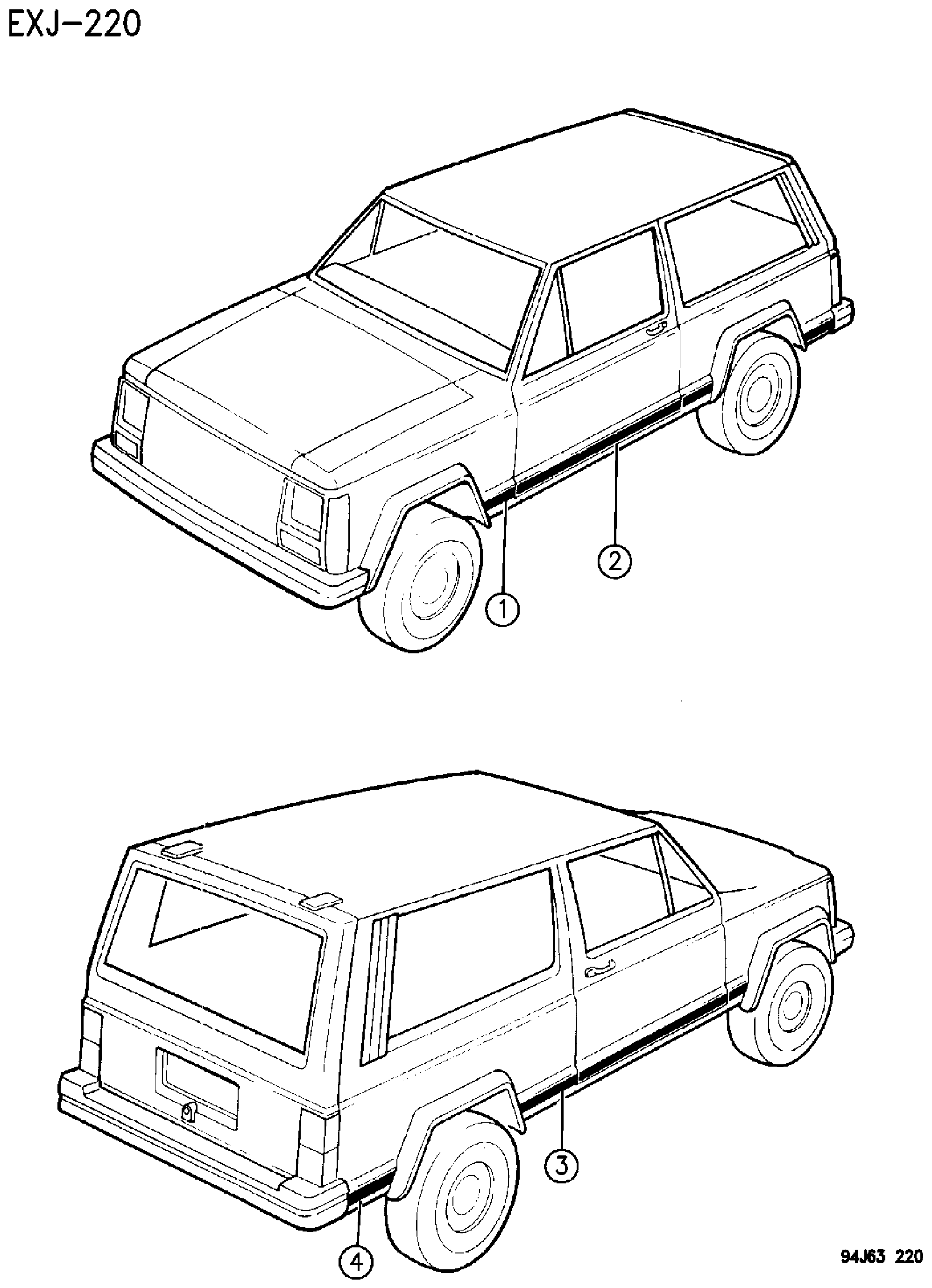 Exploded view: MOULDING AND CLADDING, LOWER XJ BODY TWO DOOR