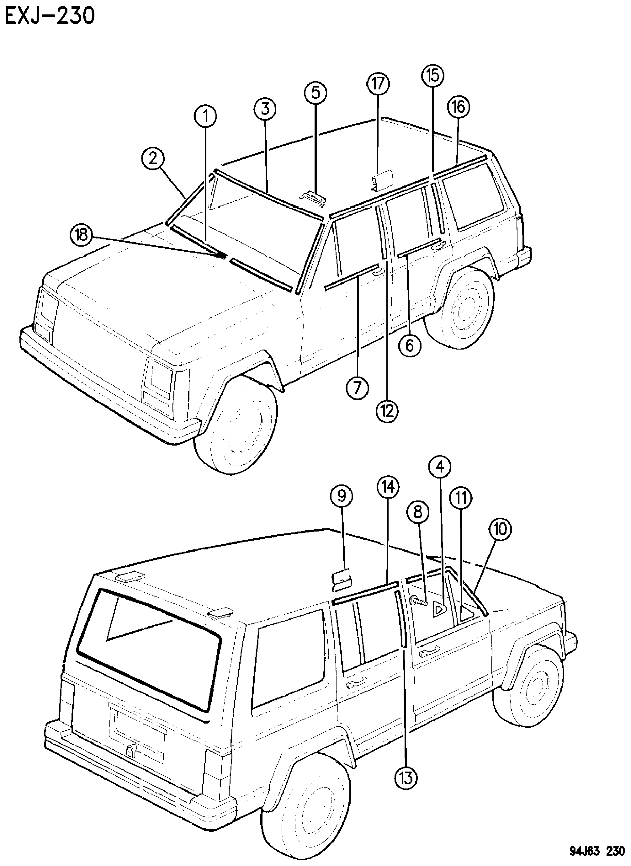 Exploded view: MOULDINGS, UPPER XJ BODY FOUR DOOR