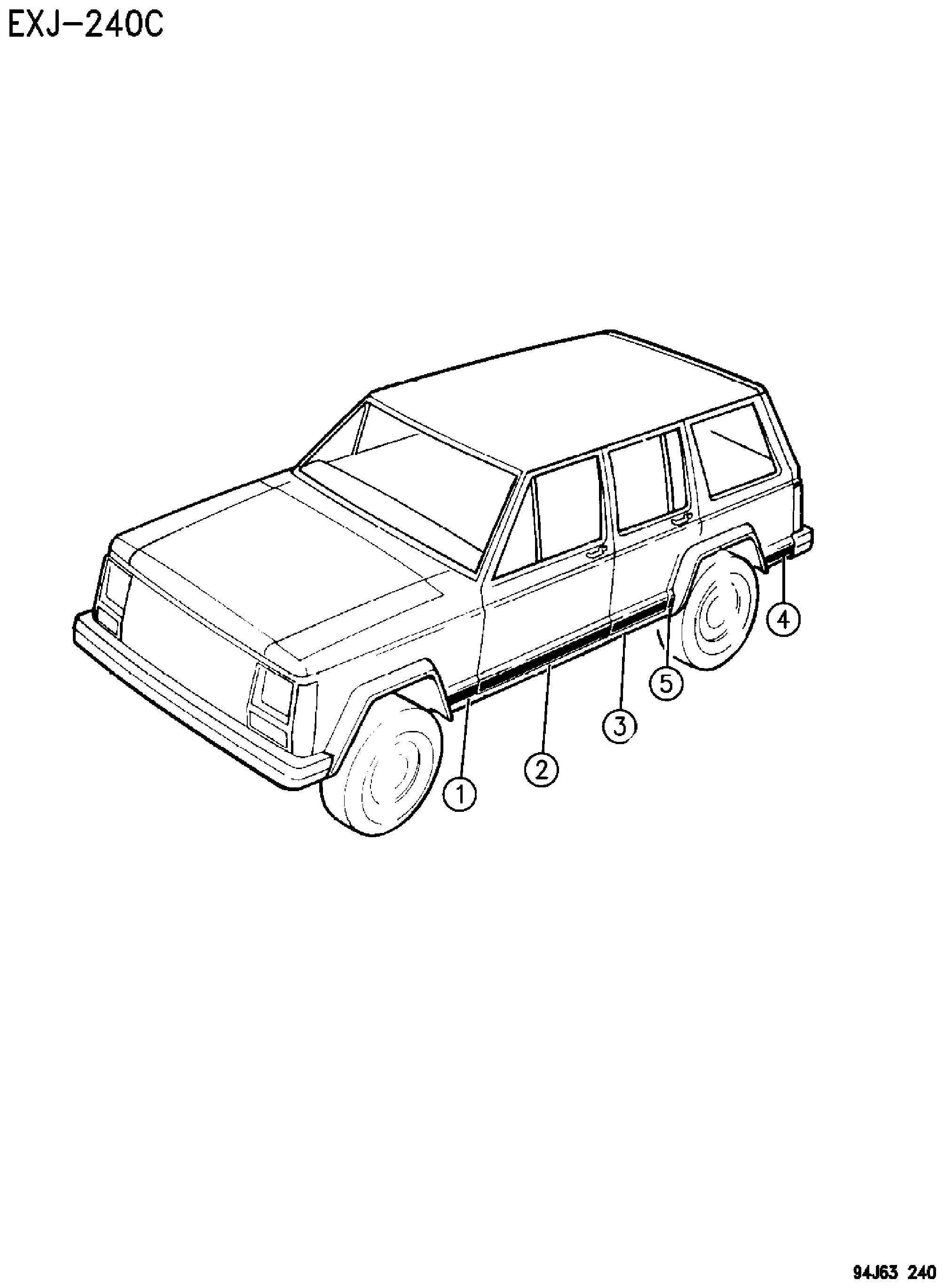 Exploded view: MOULDING AND CLADDING, LOWER XJ BODY FOUR DOOR