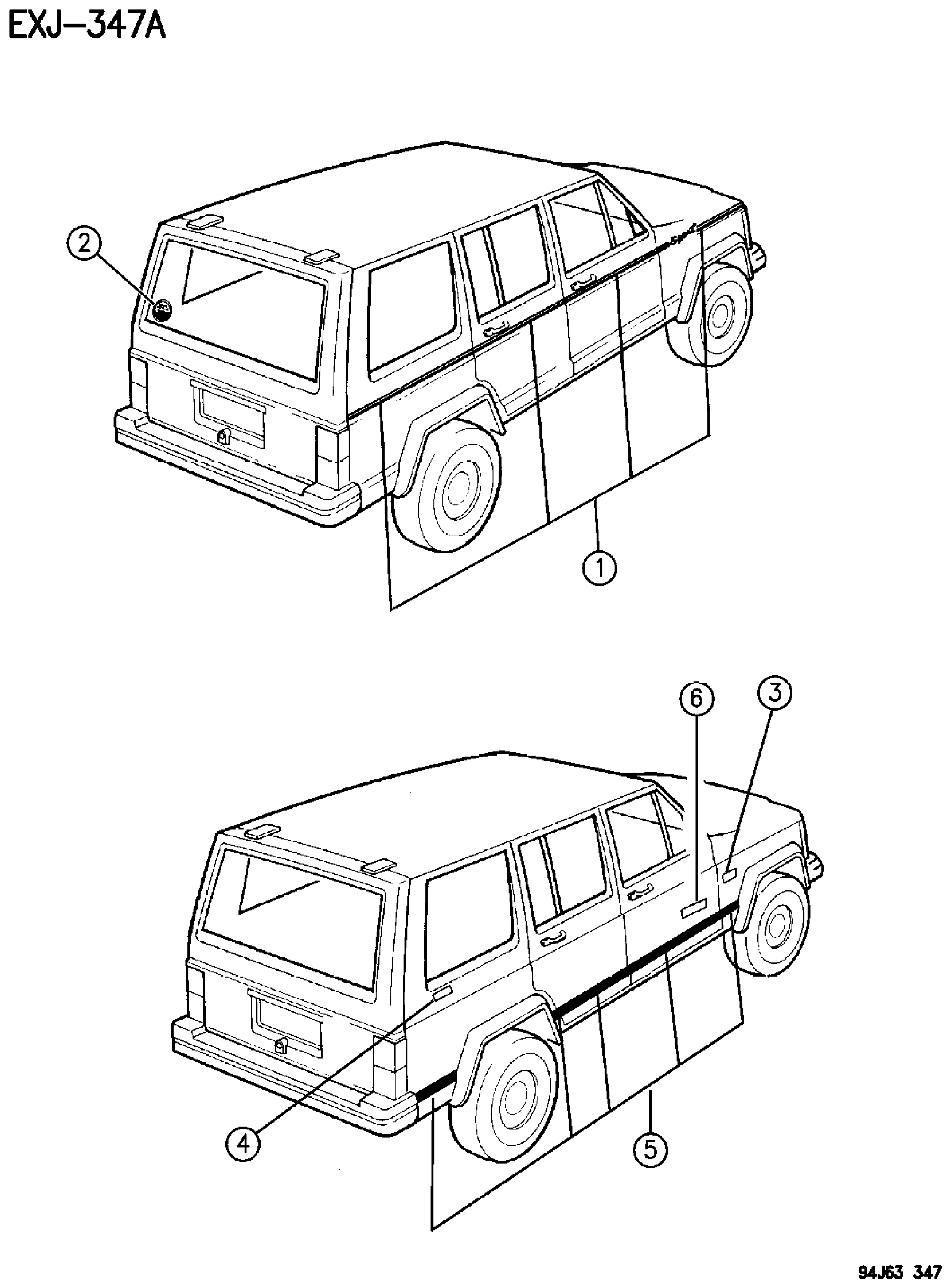 Exploded view: DECALS AND TAPE STRIPES SPORT AND BASE XJ BODY FOUR DOOR