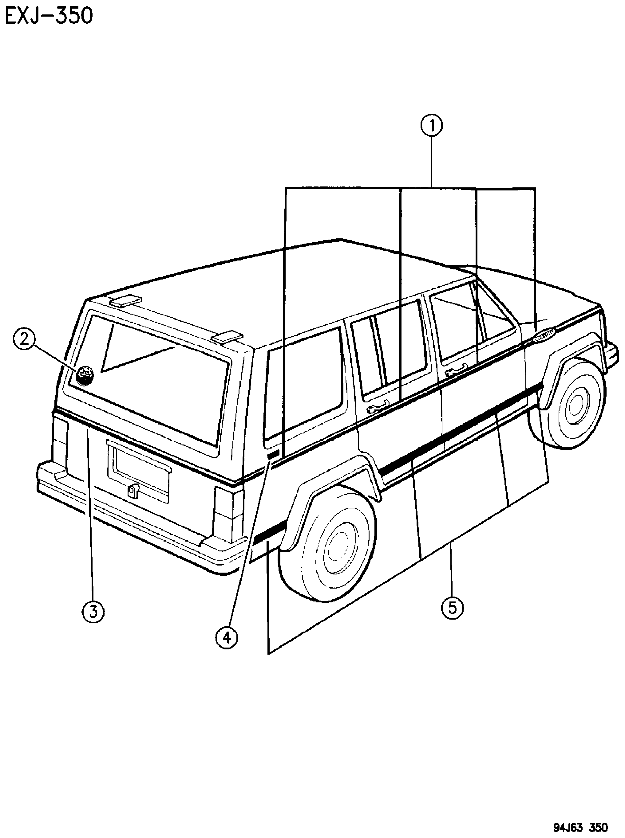 Exploded view: DECALS AND TAPE STRIPES COUNTRY XJ BODY FOUR DOOR