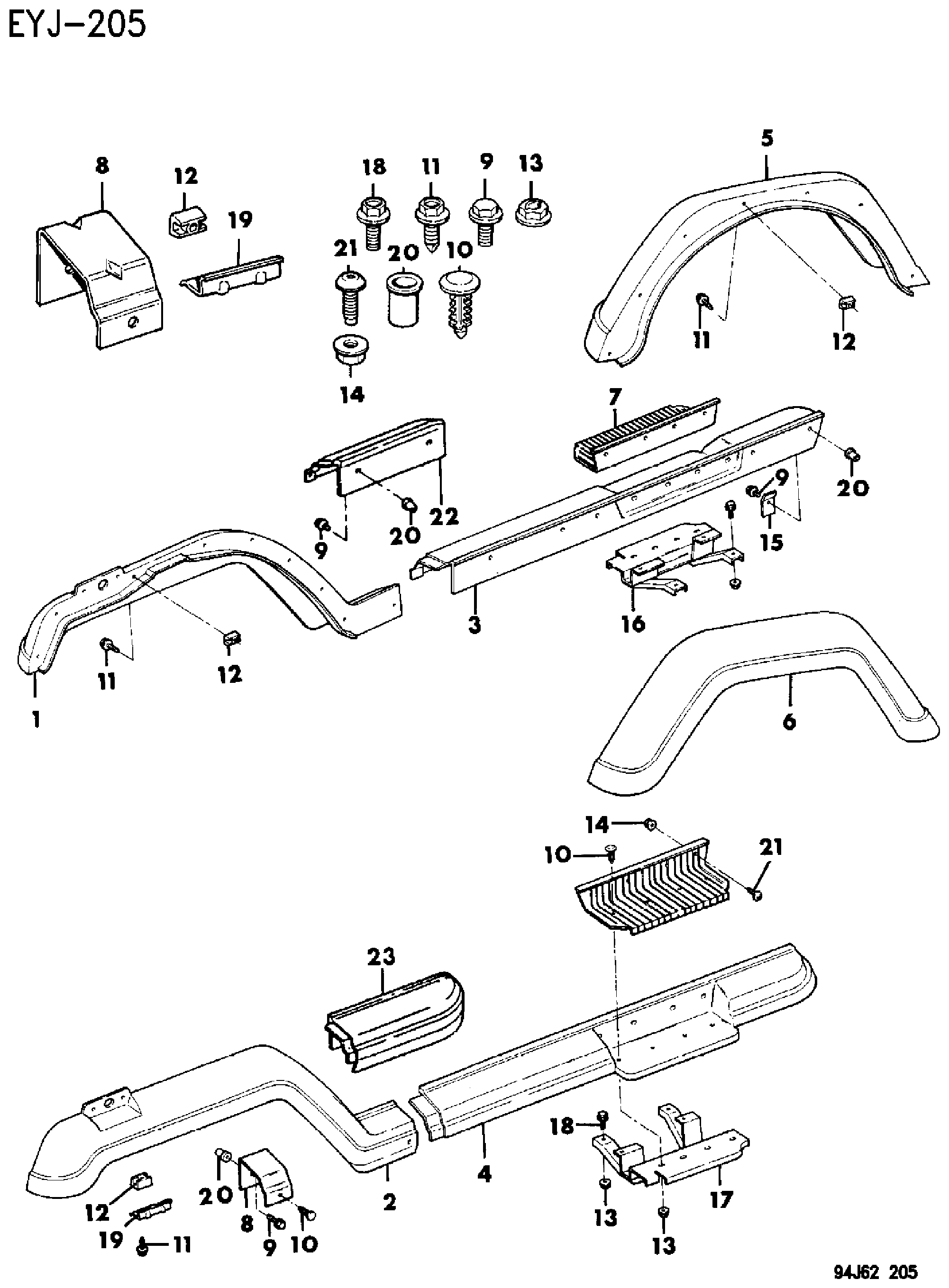 Exploded view: EXTENSIONS FENDER AND REAR QUARTER YJ BODY, EXCEPT RENEGADE