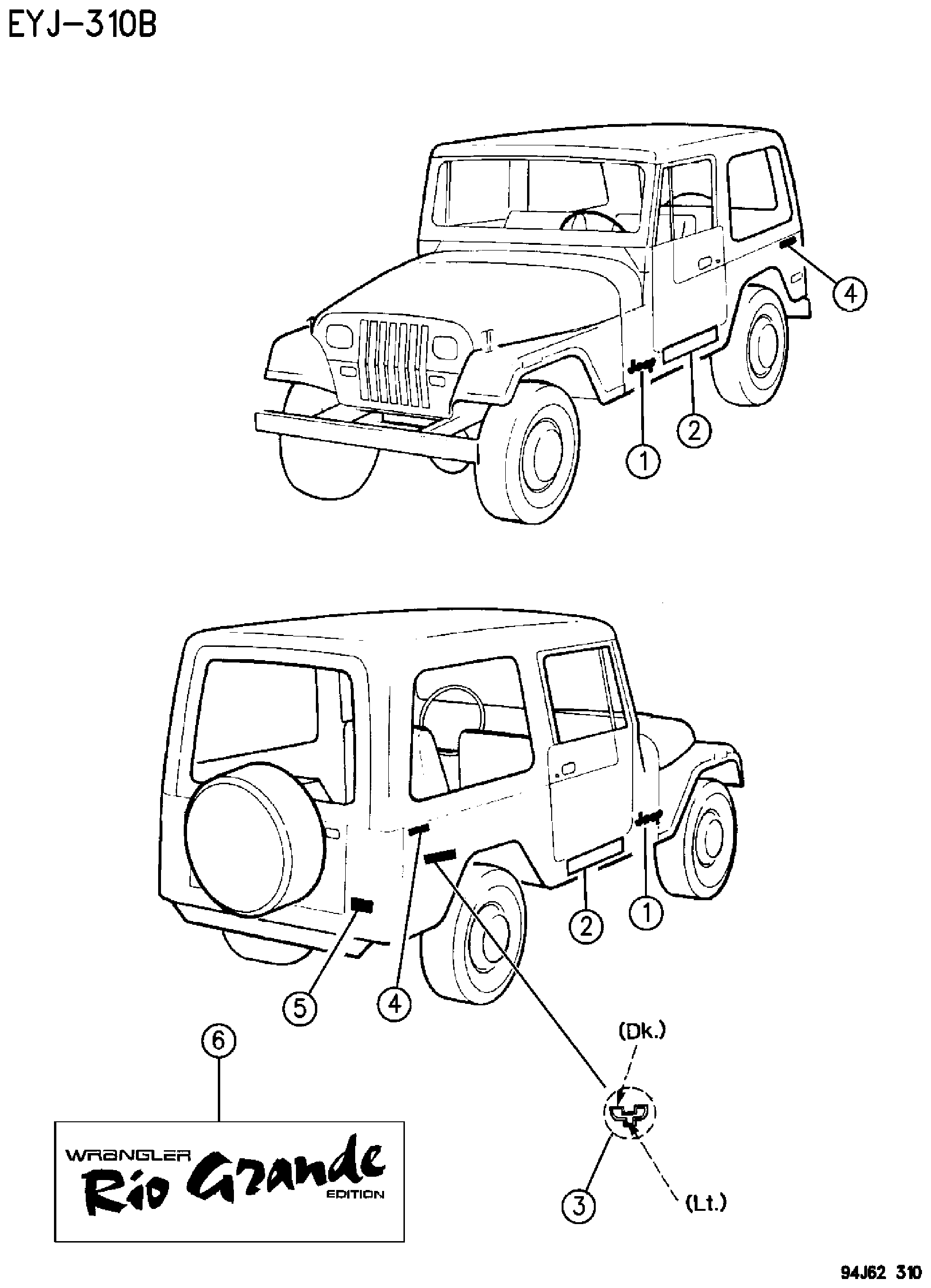 Exploded view: DECALS AND NAMEPLATE YJ BODY