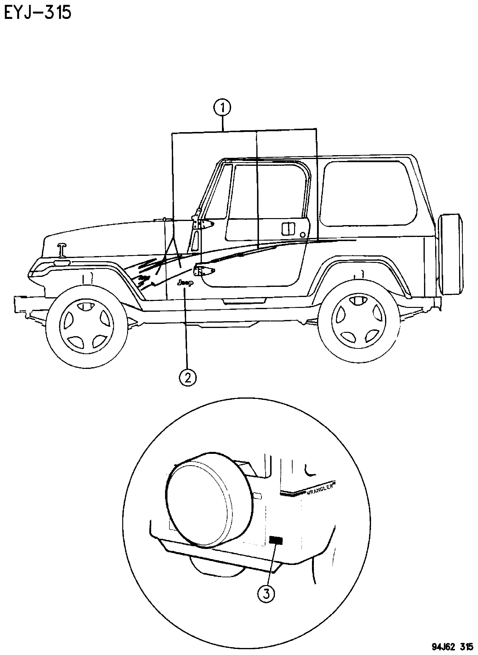 Exploded view: DECALS, BODYSIDE BASE VEHICLE W/SPORT TAPES YJ BODY