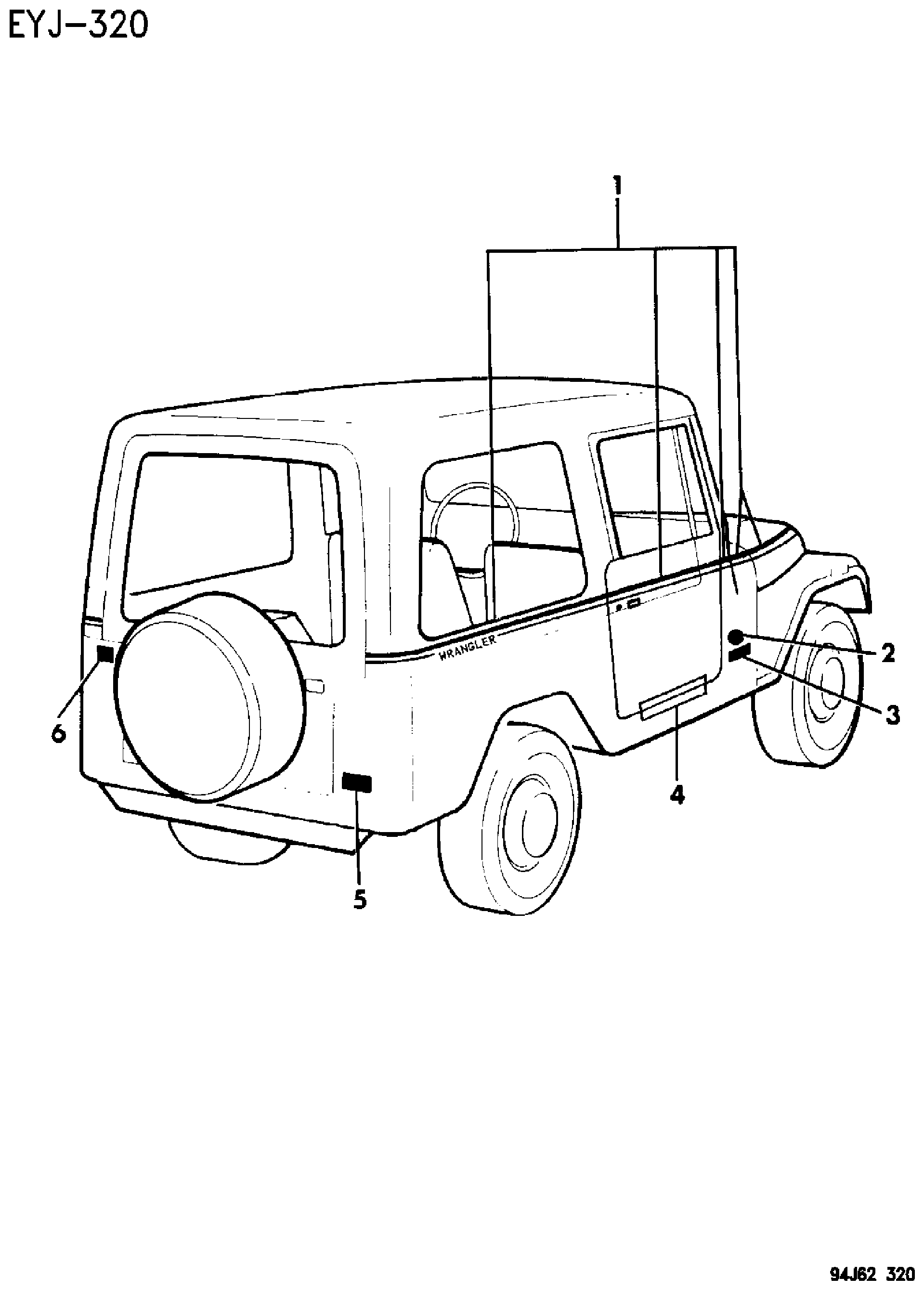 Exploded view: DECALS, BODYSIDE AND REAR SAHARA YJ BODY