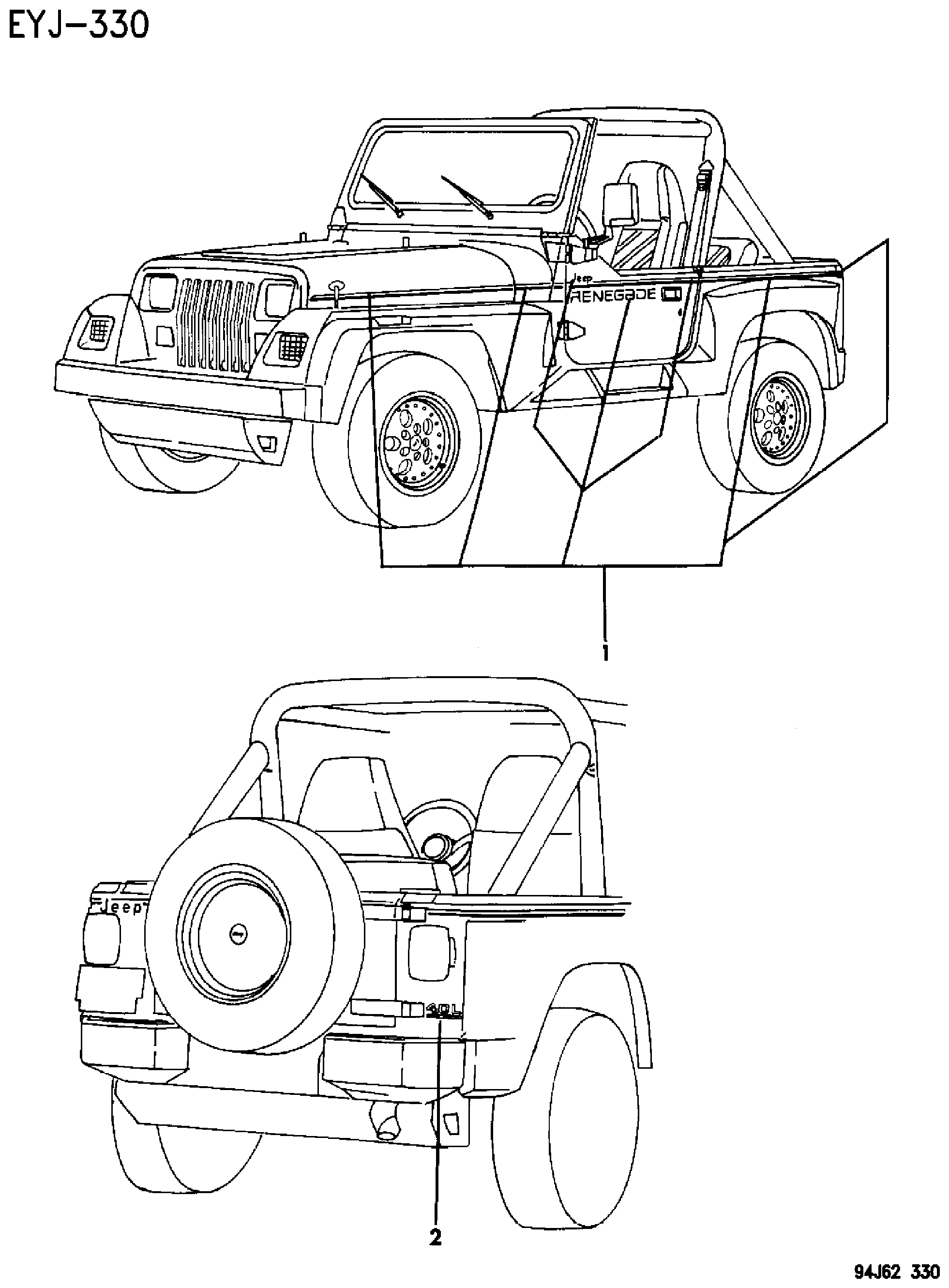 Exploded view: DECALS, BODYSIDE AND REAR RENEGADE YJ BODY