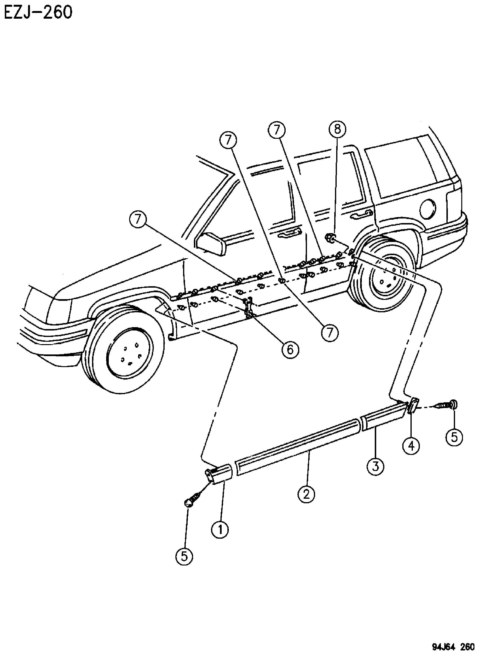 Exploded view: MOULDINGS, BODYSIDE BASE AND SPORT ZJ, ZG BODY